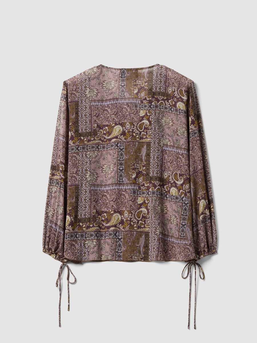Purple patterned blouse with ruffles and tie neck_1