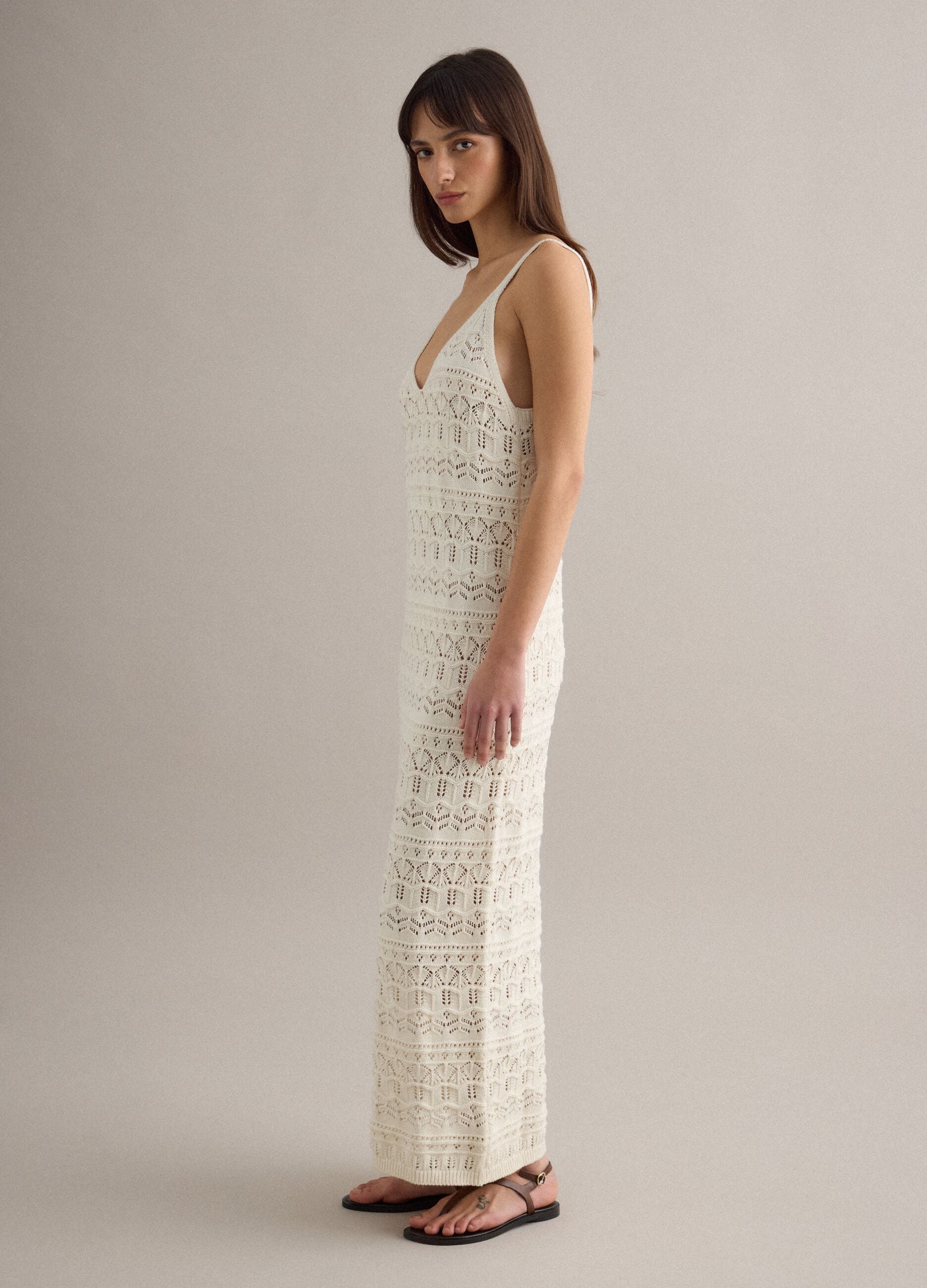 Long white pure cotton slim fit dress with mesh texture