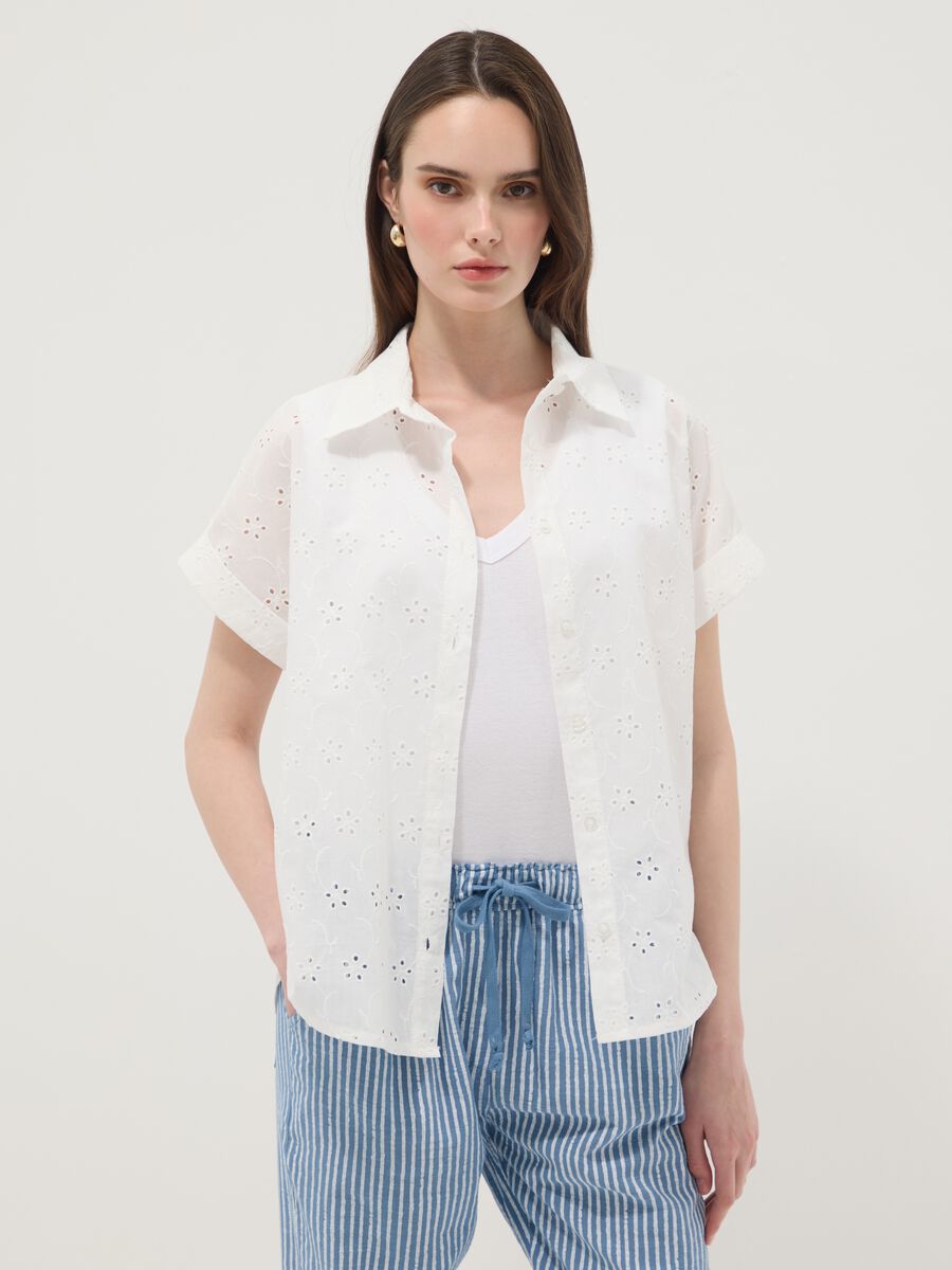 White pure cotton short-sleeve broderie shirt, regular fit_1
