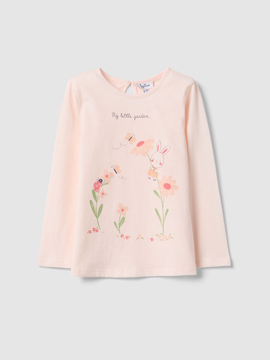 Long-sleeve pink cotton T-shirt for girls with prints_0