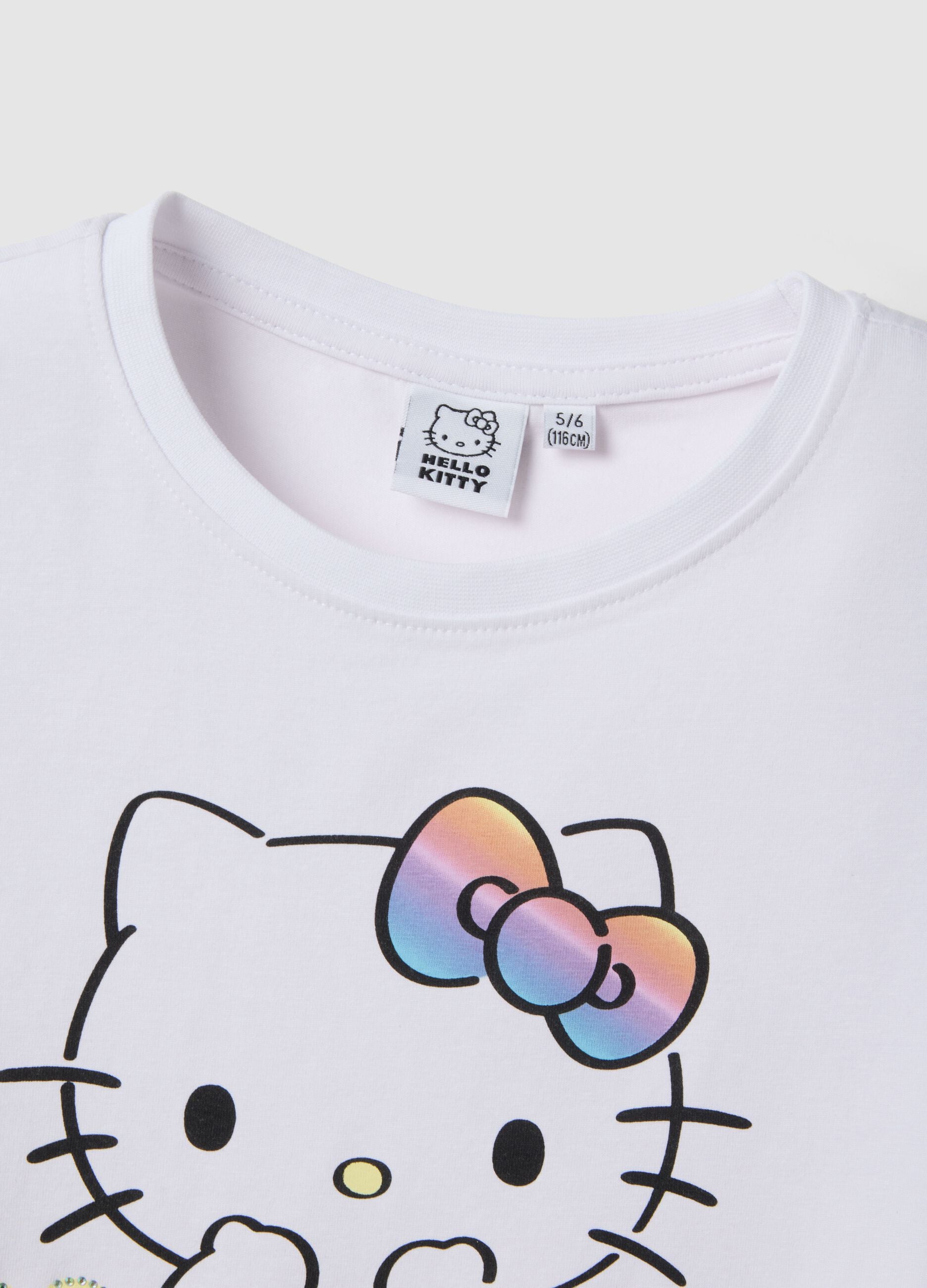 Girls' White Stretch Cotton T-shirt with Hello Kitty