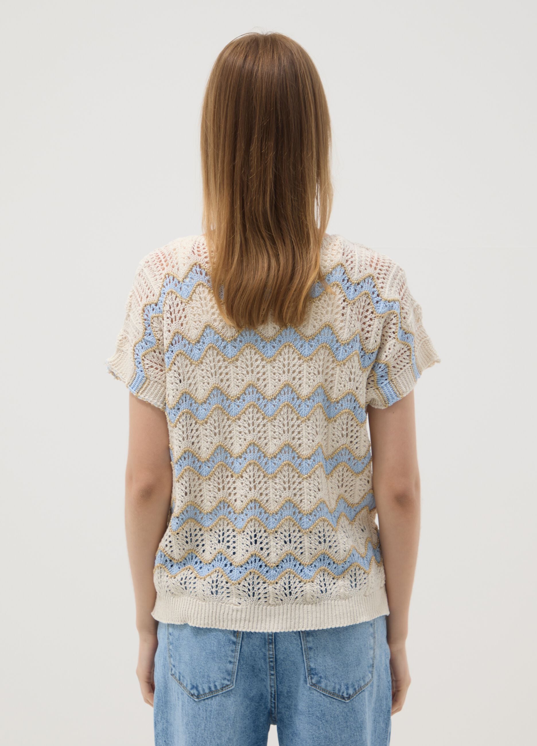 Beige open-knit top with light blue stripes in stretch cotton, regular fit