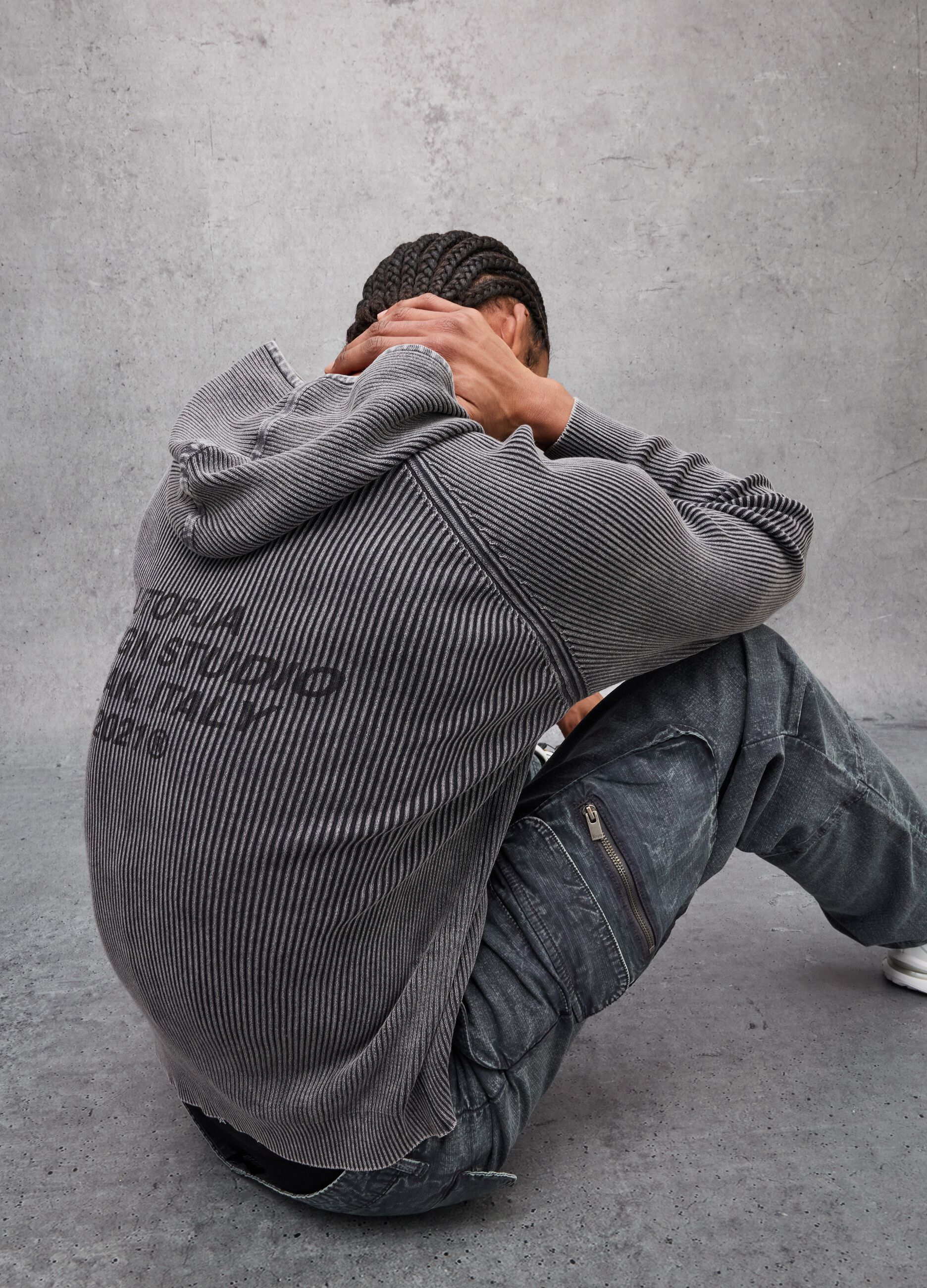 Knit Ribbed Hoodie Washed Grey