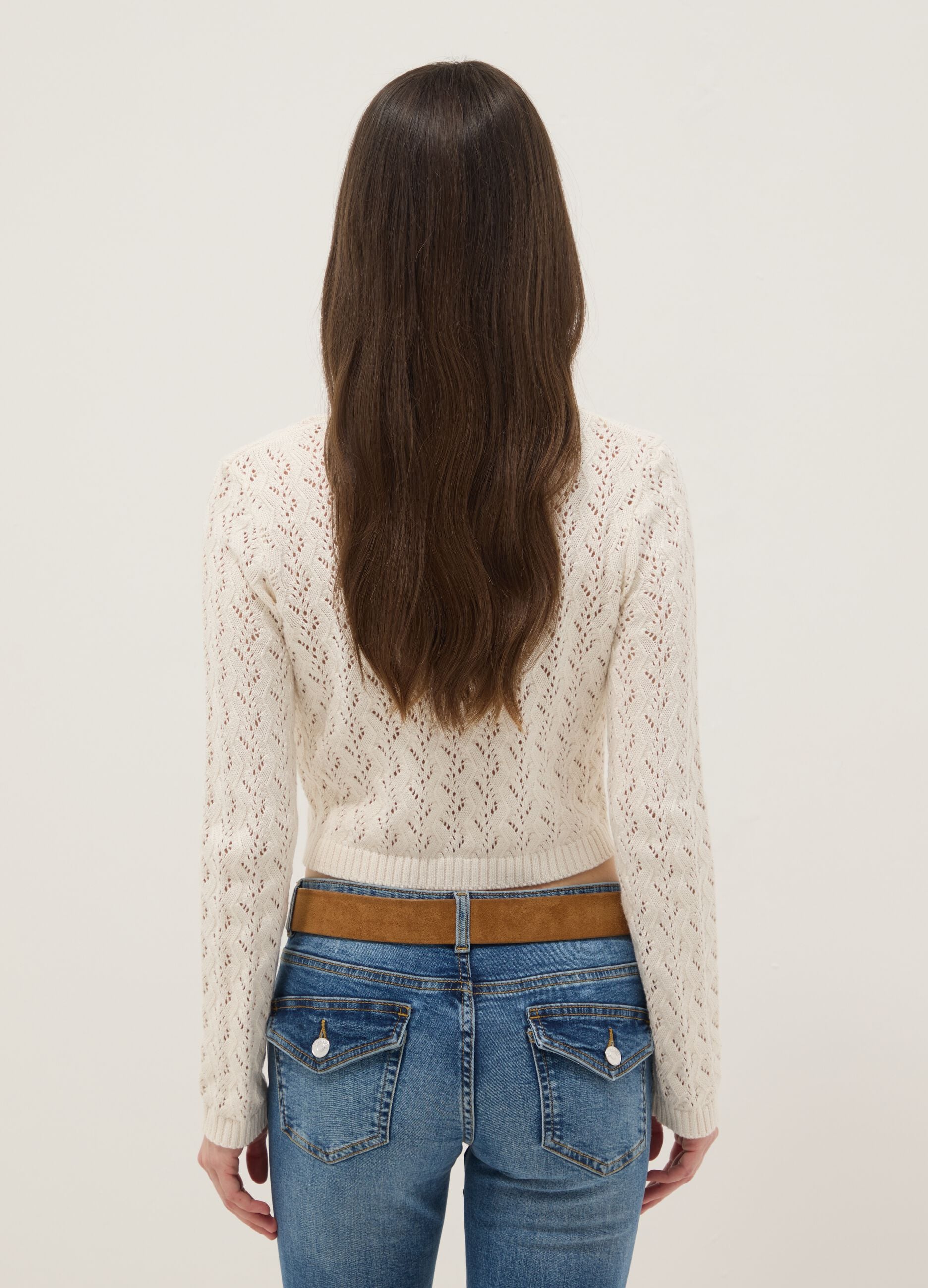 Regular fit beige pure cotton cardigan with perforated design