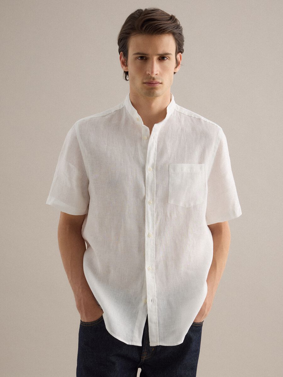 White shirt with mandarin collar in pure linen regular fit_0