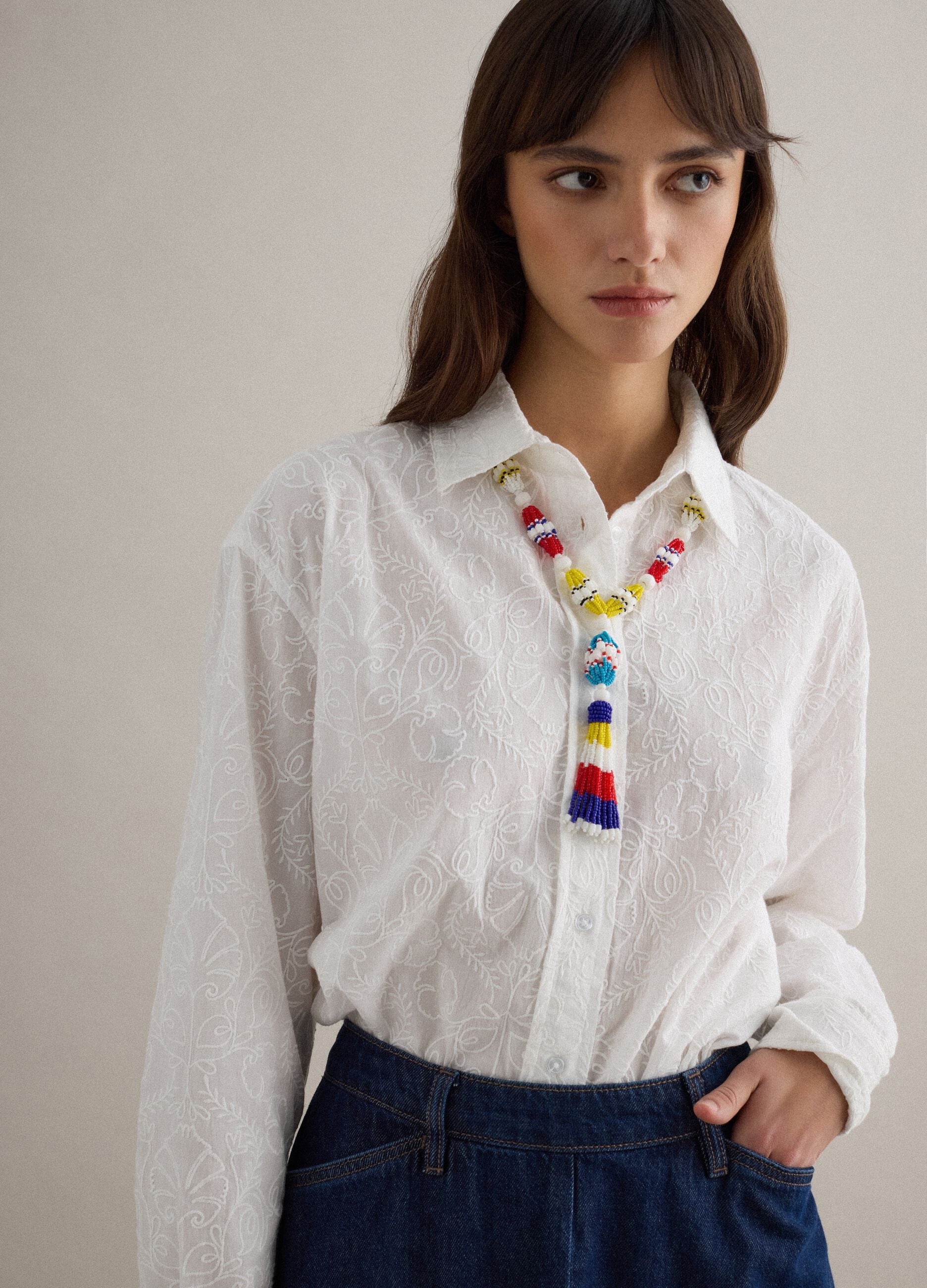 Oversized fit white pure cotton sangallo shirt