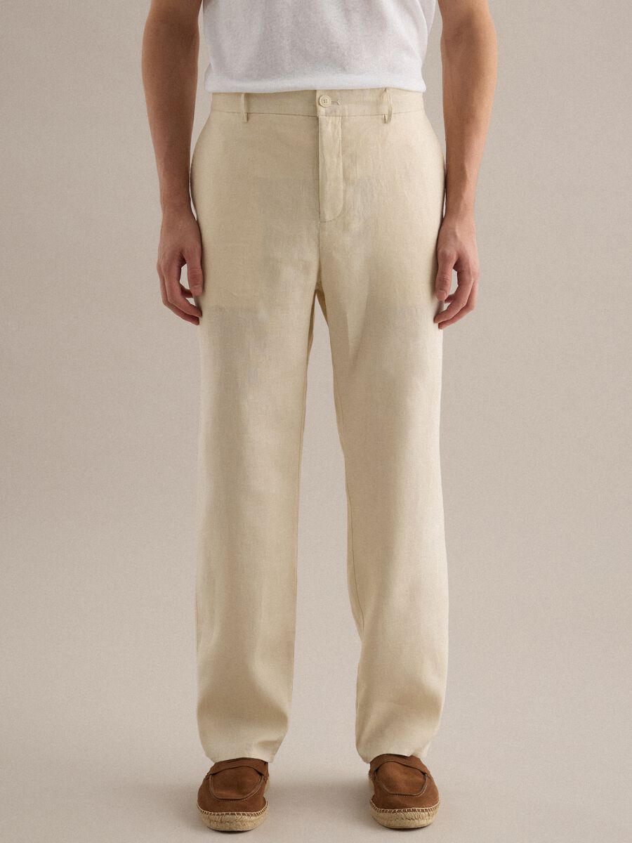 Pantaloni in puro lino bianchi regular fit_1