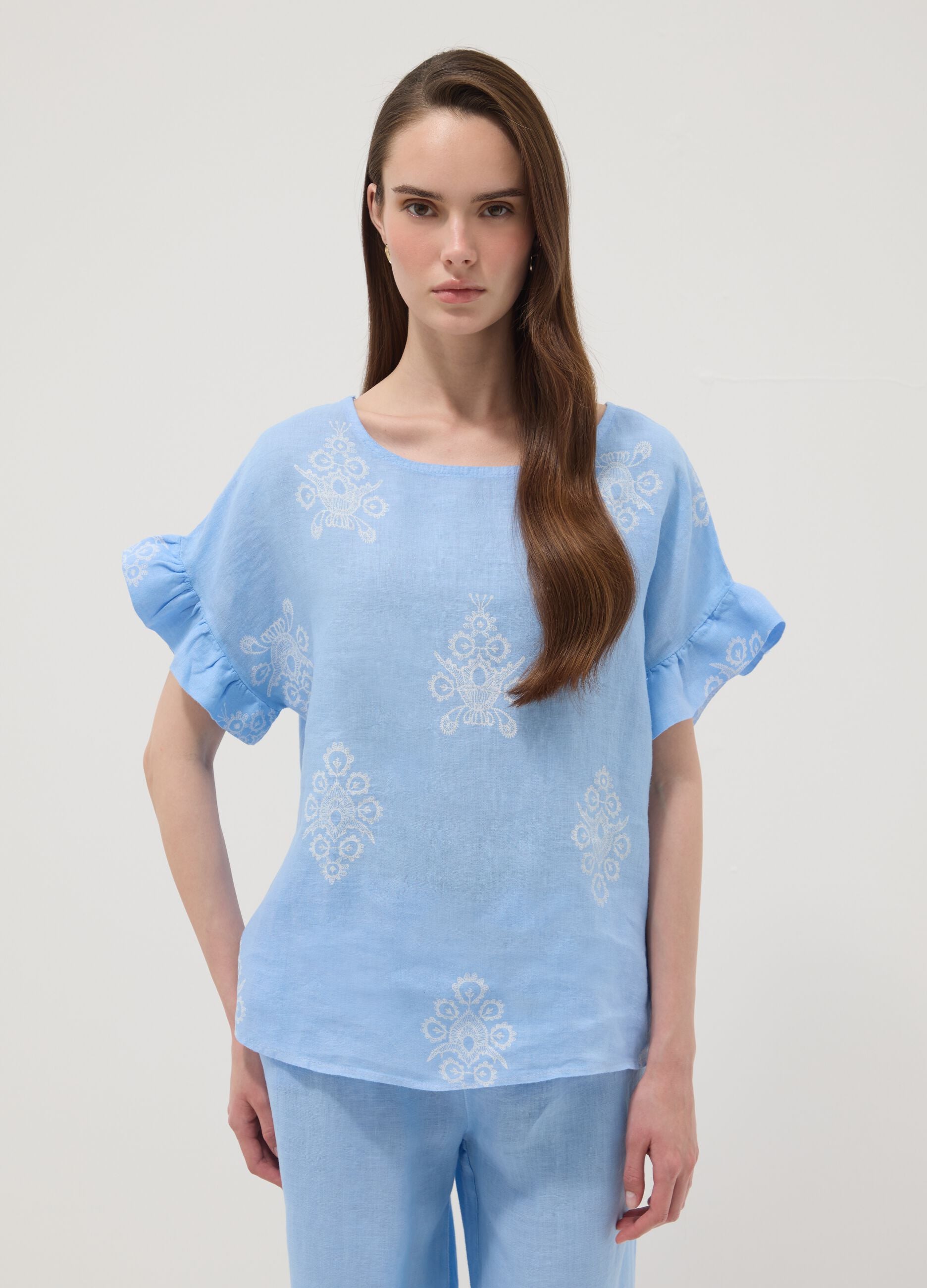 Light blue pure linen blouse with embroidery and ruffled sleeves, regular fit
