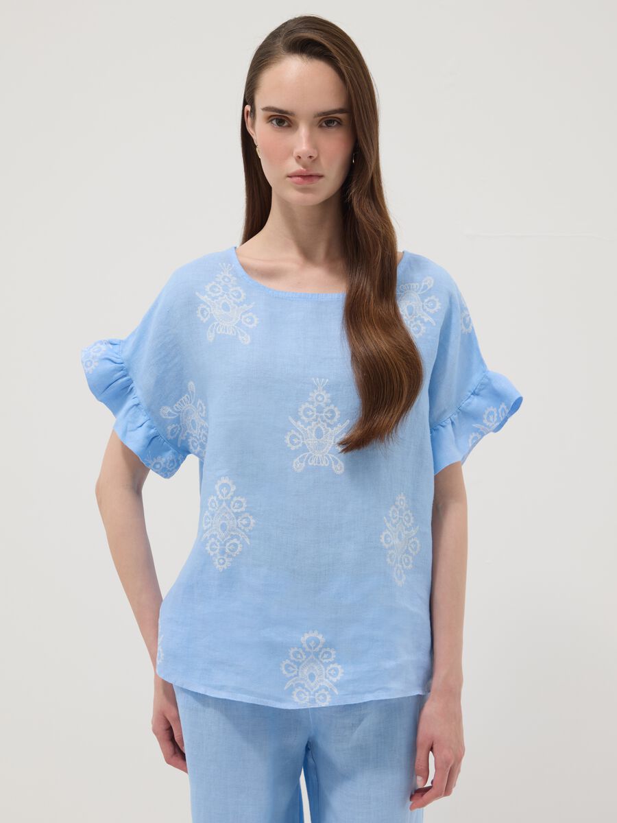 Light blue pure linen blouse with embroidery and ruffled sleeves, regular fit_1