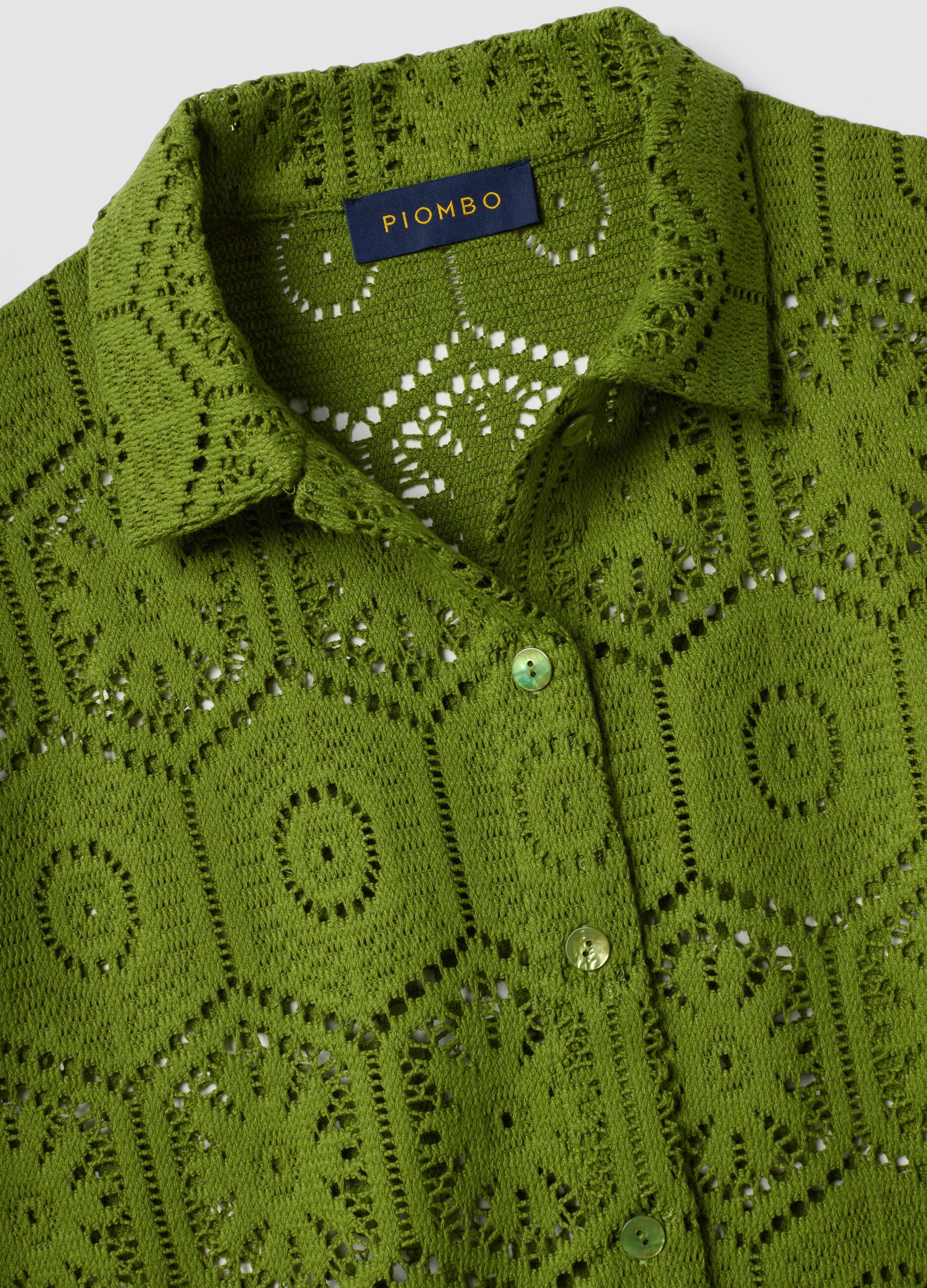 Green crochet polo shirt with classic collar, regular fit
