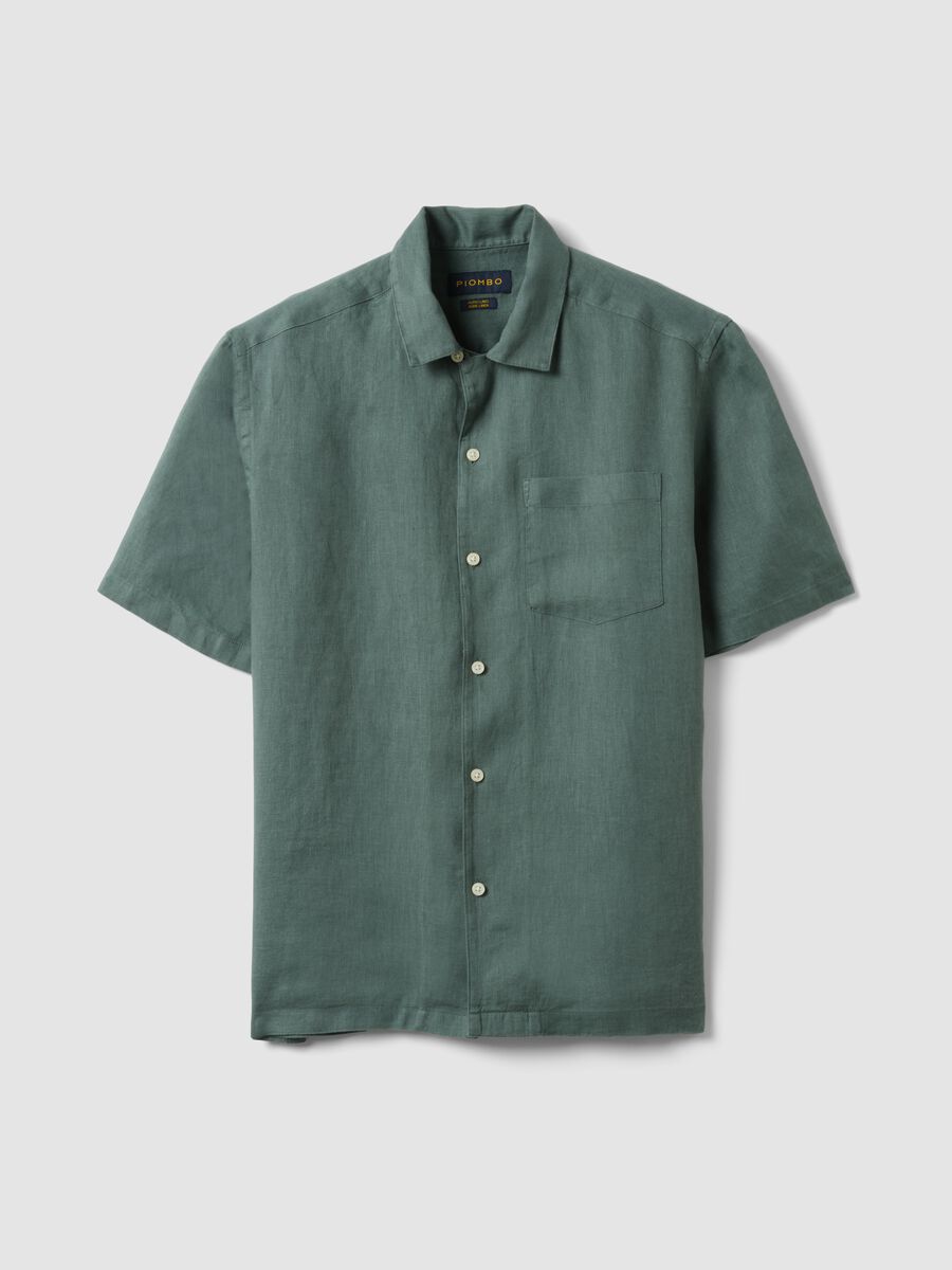 Camicia verde con collo bowling in puro lino regular fit_4