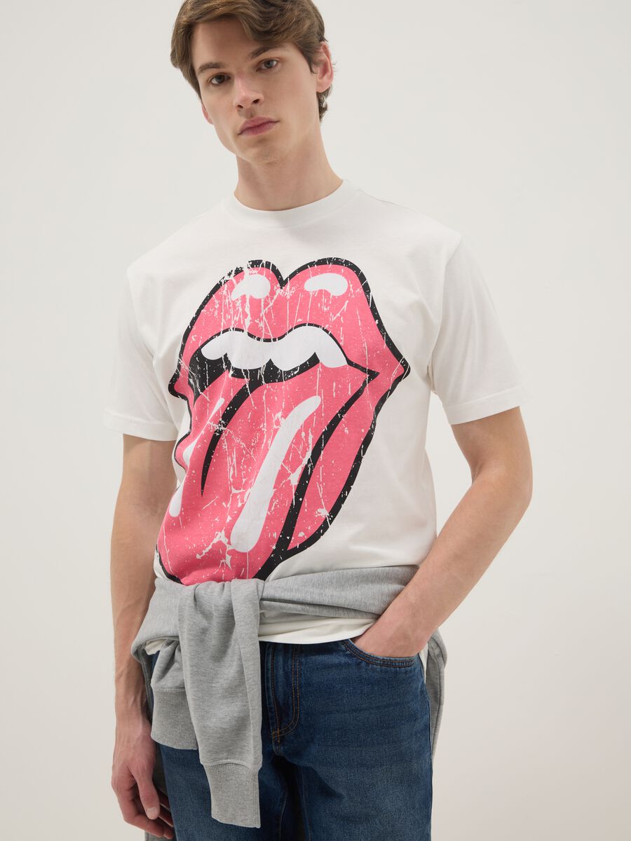 White pure cotton regular fit T-shirt with Rolling Stones print_0