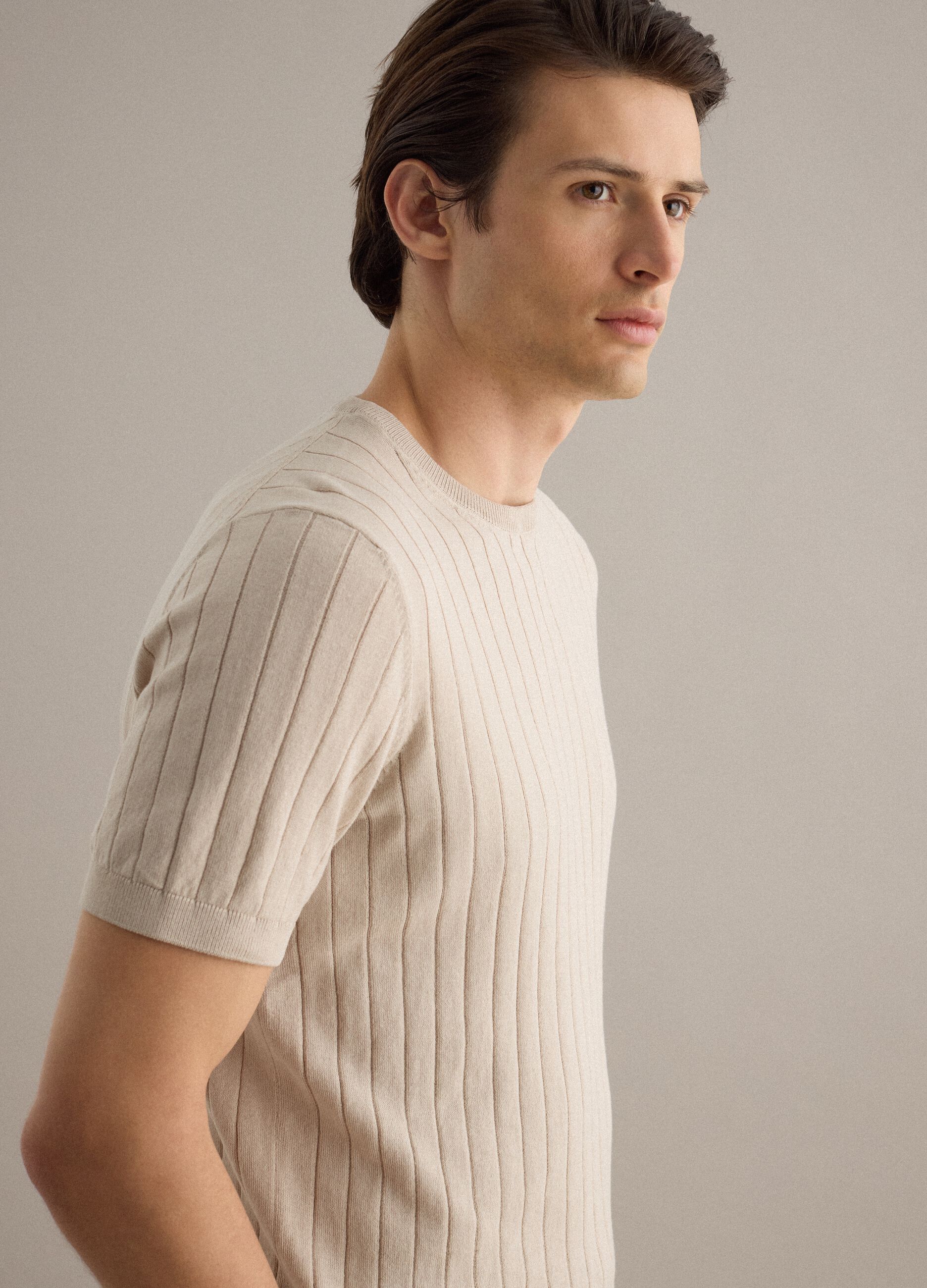 Beige striped pure cotton T-shirt regular fit