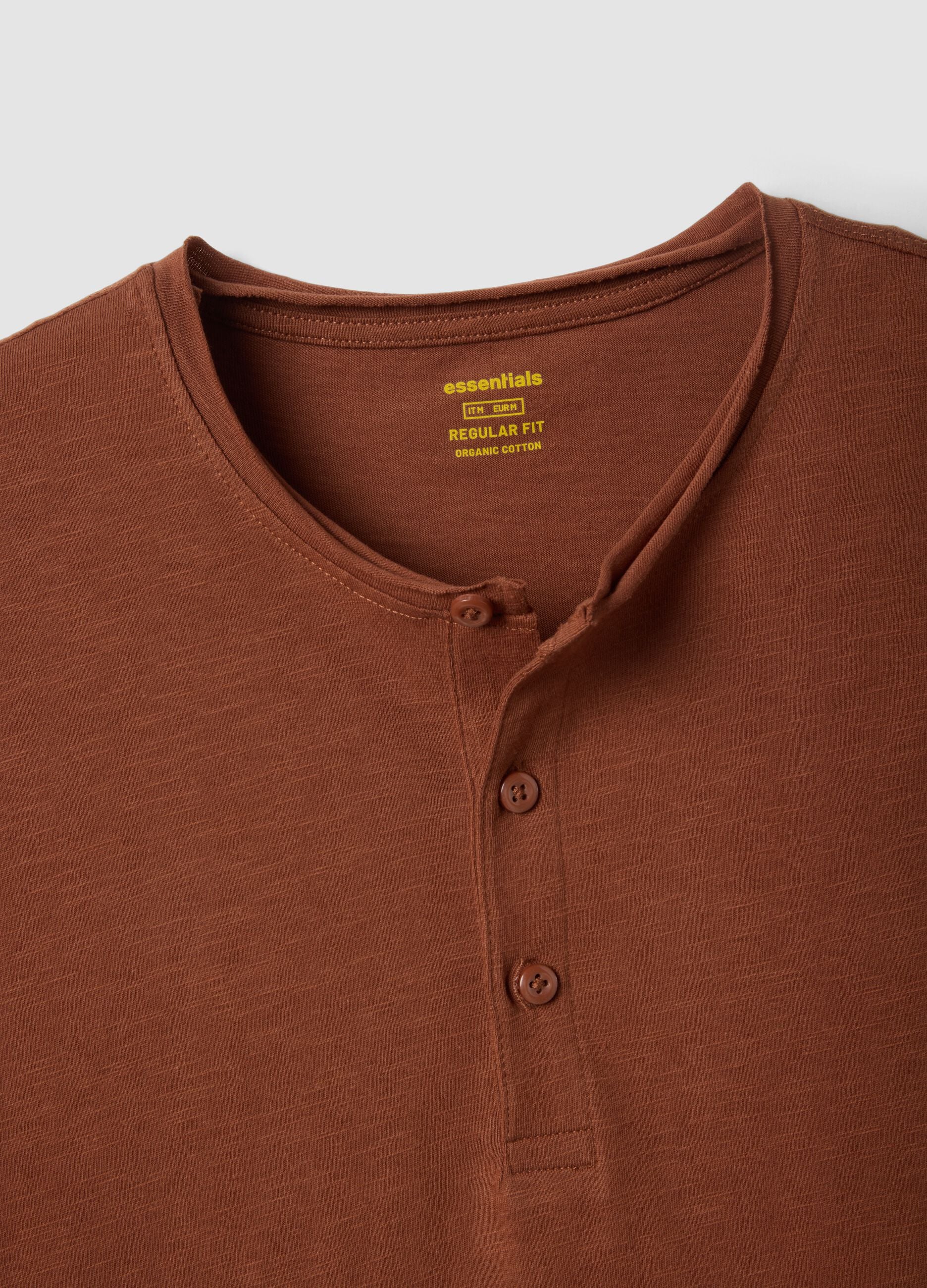 Brown pure cotton regular fit T-shirt with Henley collar
