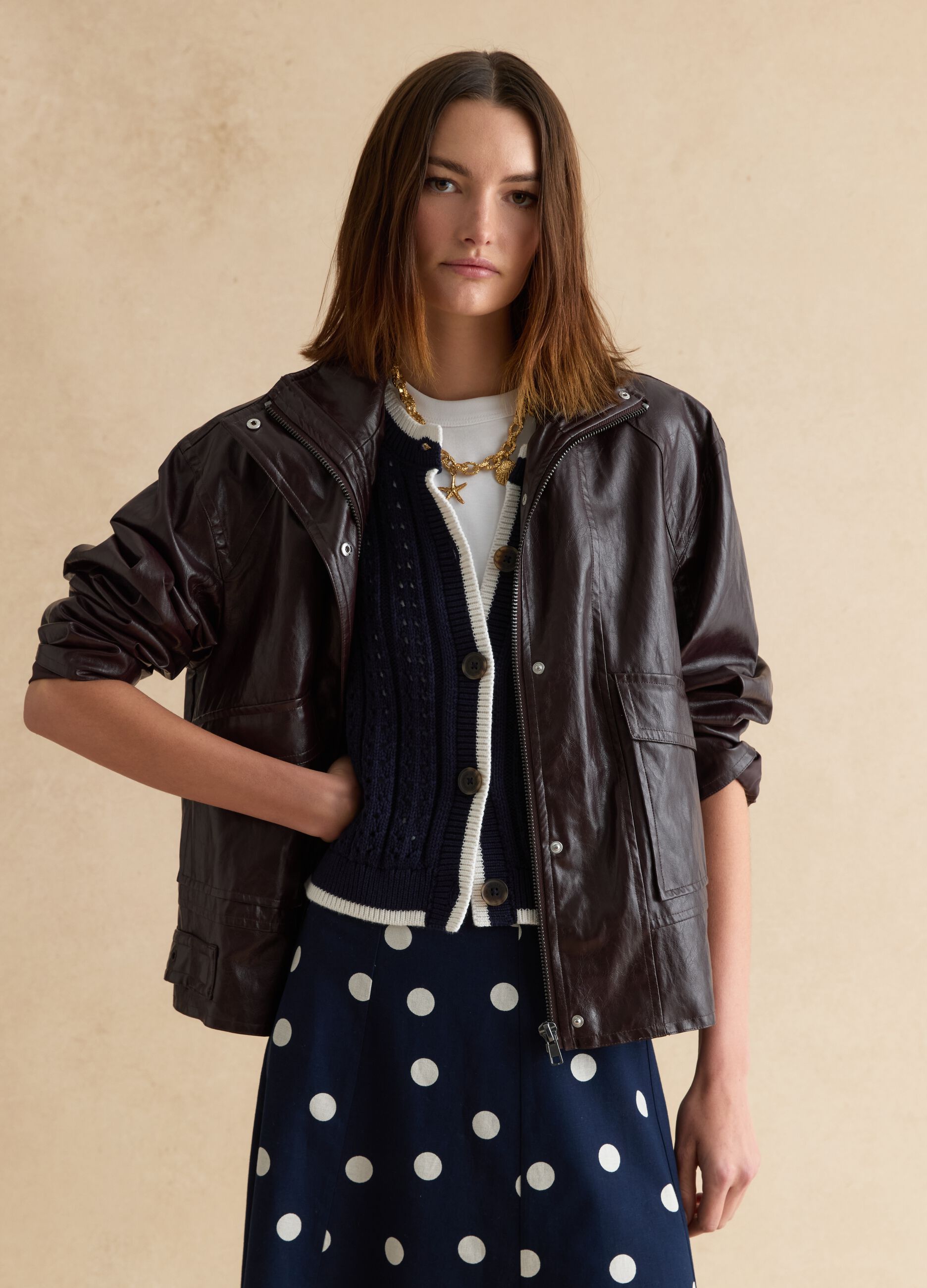 Shiny brown oversized viscose-blend jacket