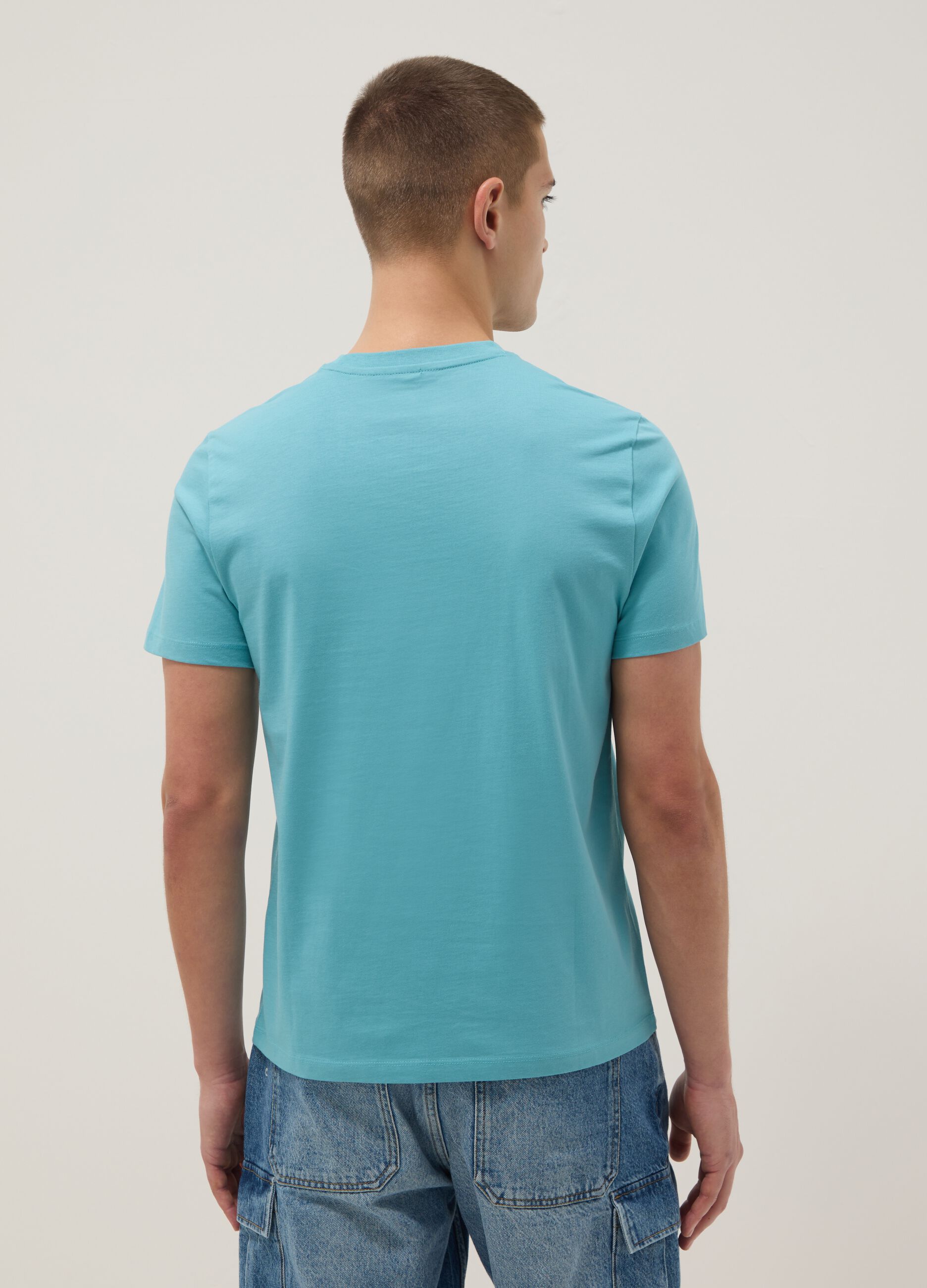 Short-sleeved pure cotton blue regular fit T-shirt