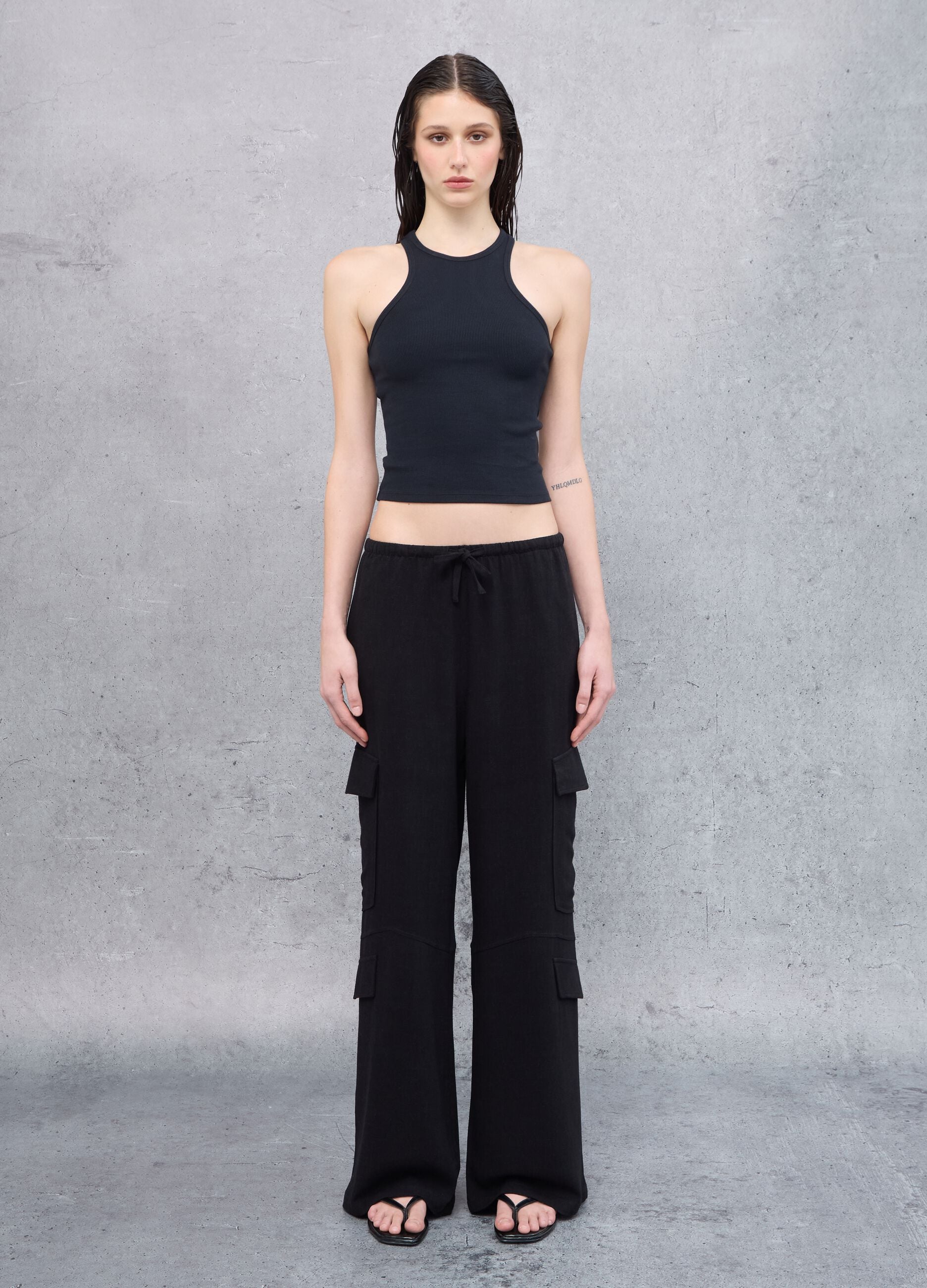 Black Linen Wide-Leg Cargo Trousers