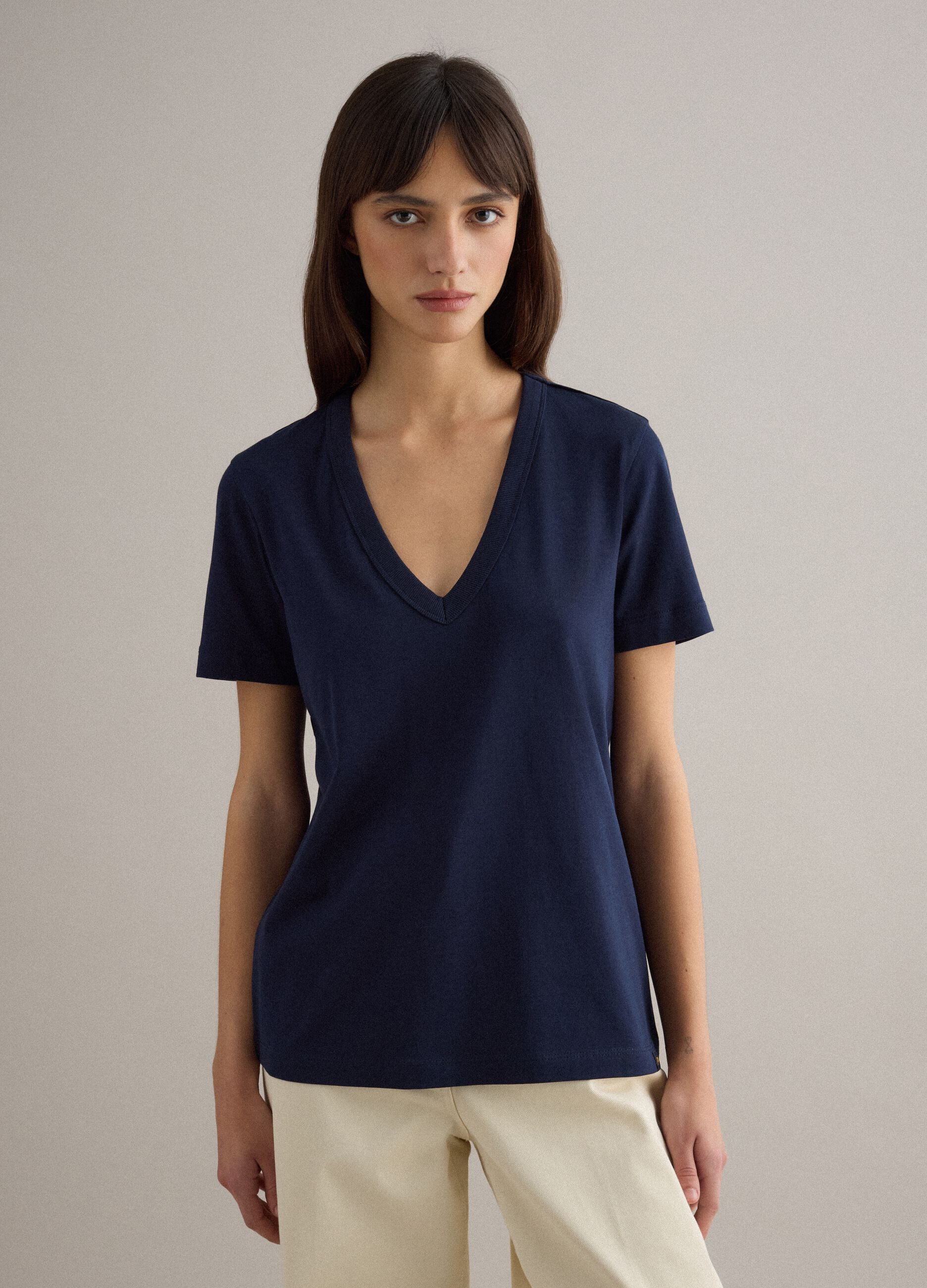 Deep V Regular Fit Blue Pure Cotton T-shirt