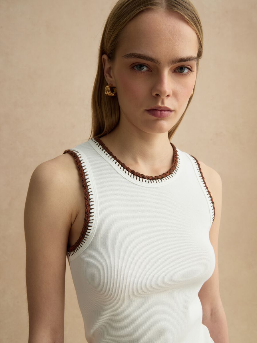 White Stretch Cotton Vest Regular Fit with Embroidered Edges_1