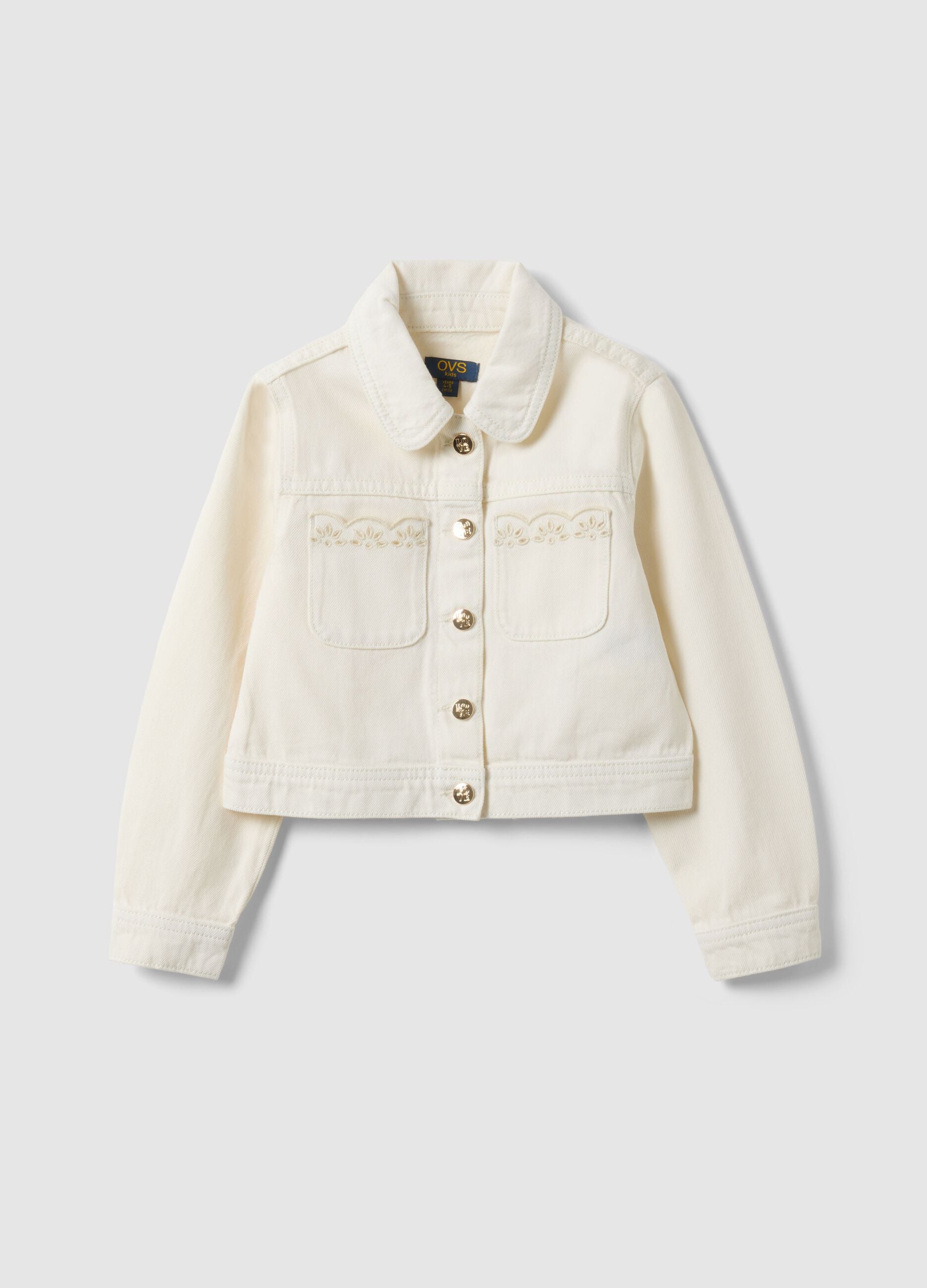 Girls' white pure cotton jacket regular fit with embroidery