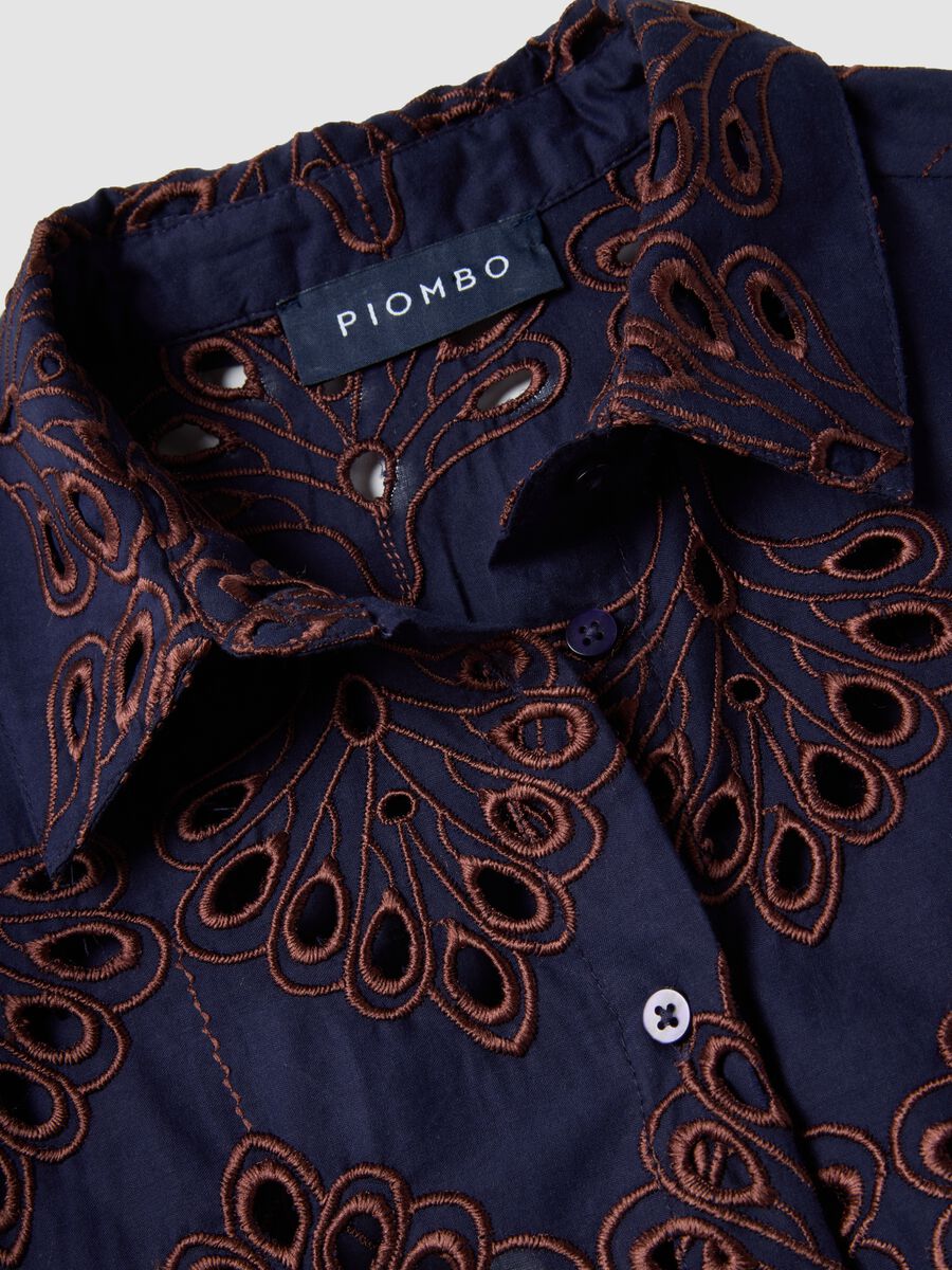 Blue short-sleeve pure cotton shirt with openwork embroidery_5