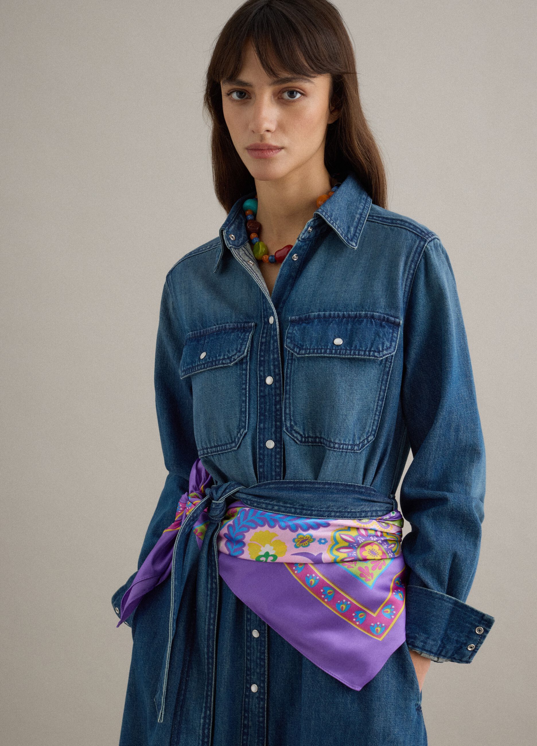 Long dress in pure blue denim cotton regular fit