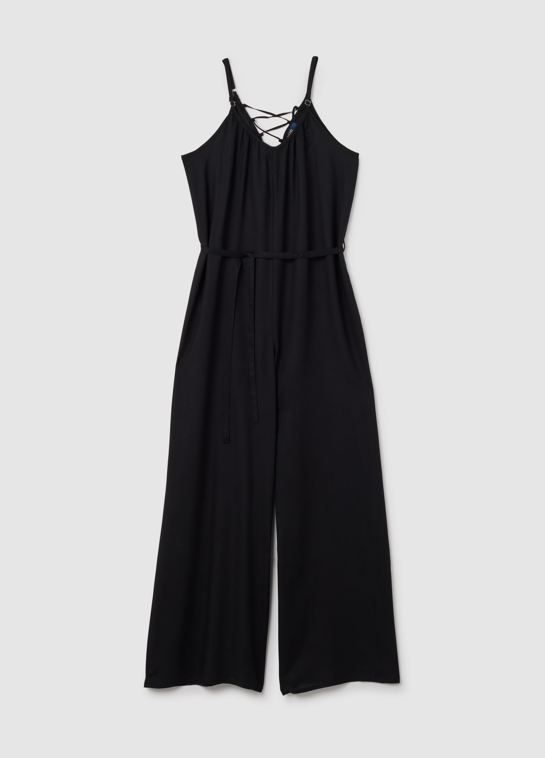 Women's jumpsuit in pure black viscose wide fit