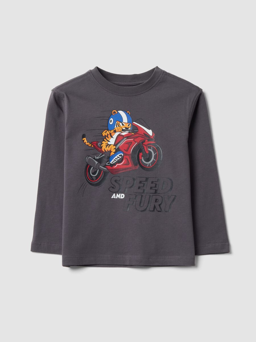 T-shirt grigia in puro cotone con stampa tigre over fit per bambino_0