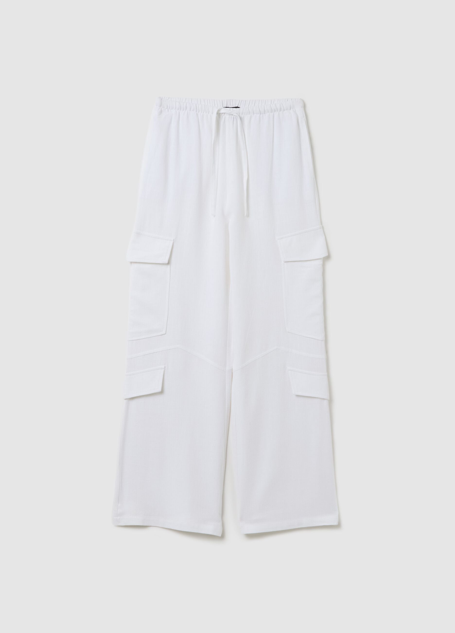 White Linen Wide-Leg Cargo Trousers