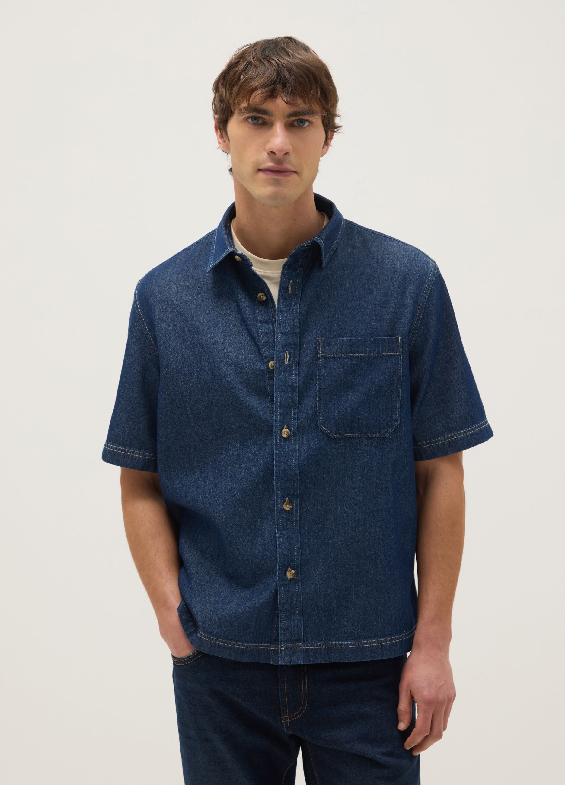 Blue denim pure cotton regular fit shirt with chest pocket