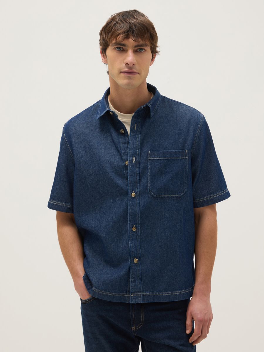 Blue denim pure cotton regular fit shirt with chest pocket_0