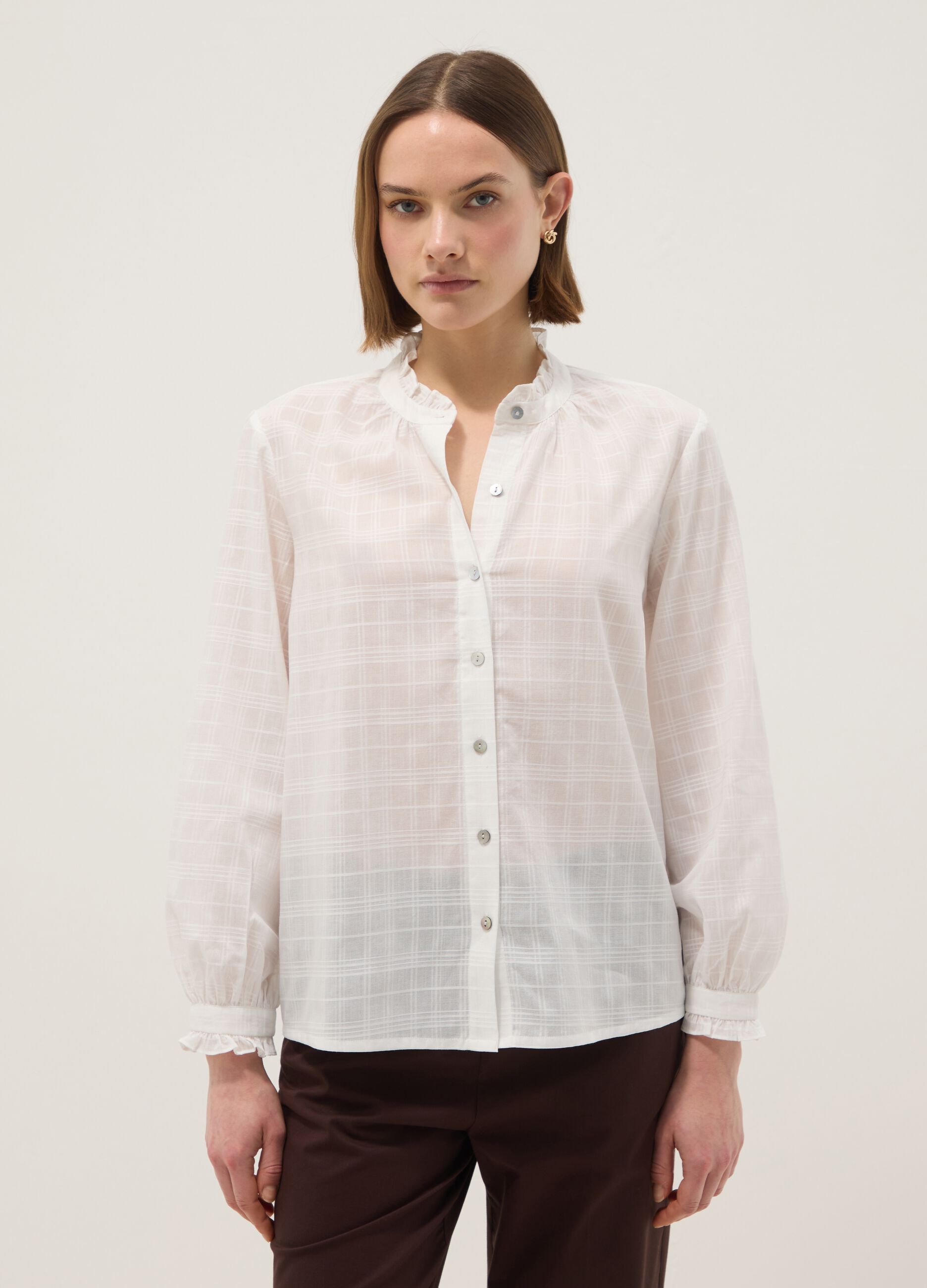White pure cotton shirt in regular fit with plaid pattern