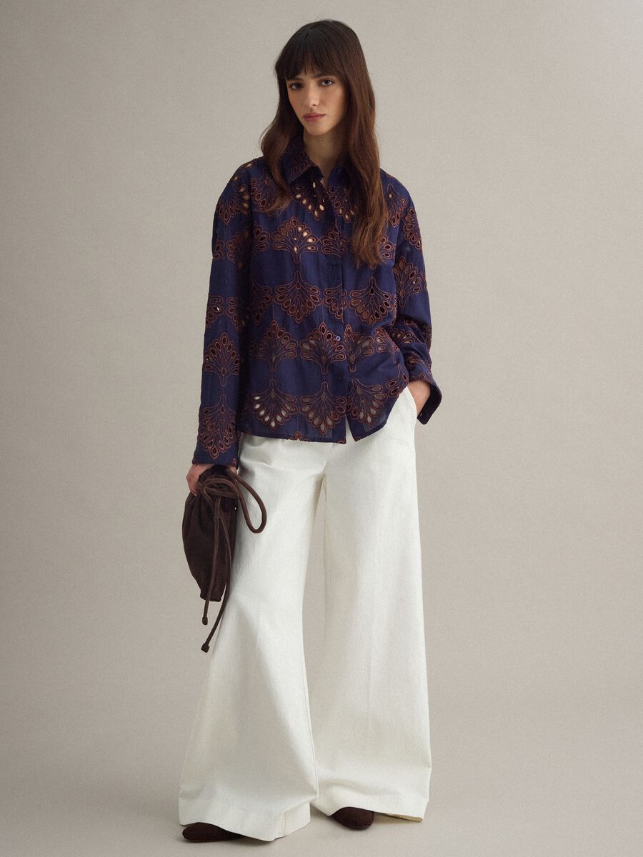 Blue short-sleeve pure cotton shirt with openwork embroidery_1