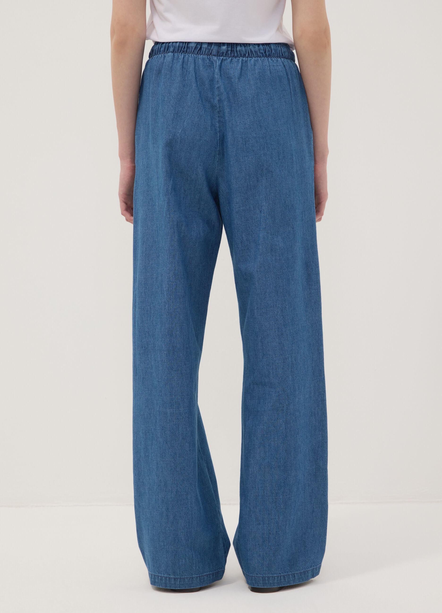 Blue pure cotton wide-leg denim trousers with drawstring