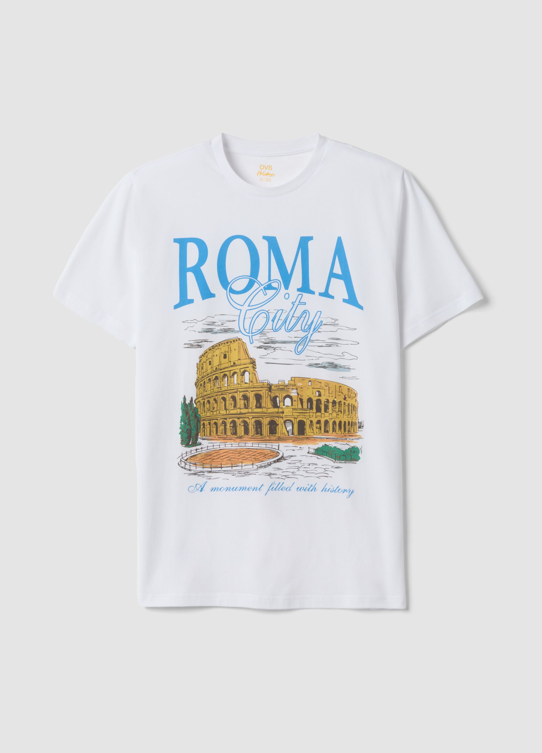 White pure cotton T-shirt with print, regular fit