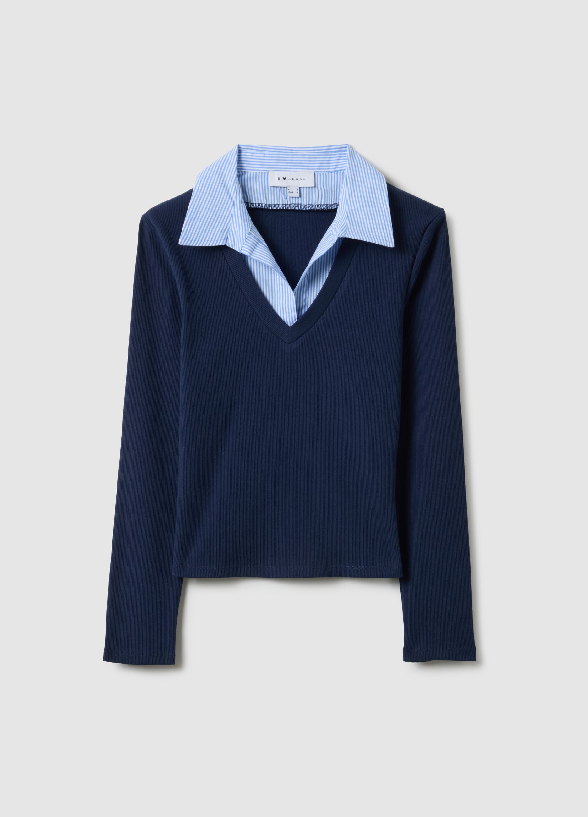 Blue stretch cotton regular fit T-shirt with contrast collar