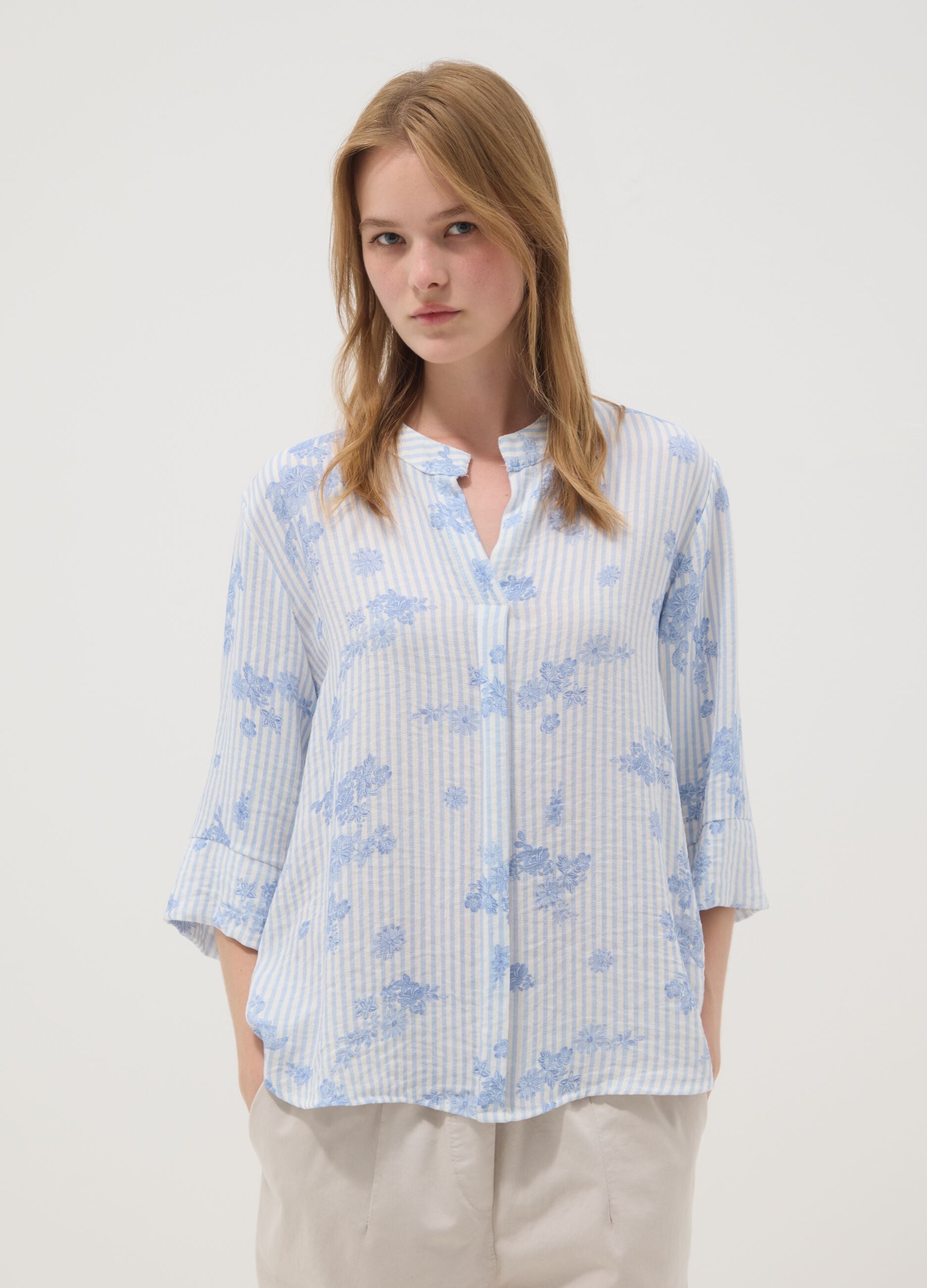 Light Blue Viscose-Blend Blouse with Stripes and Floral Print