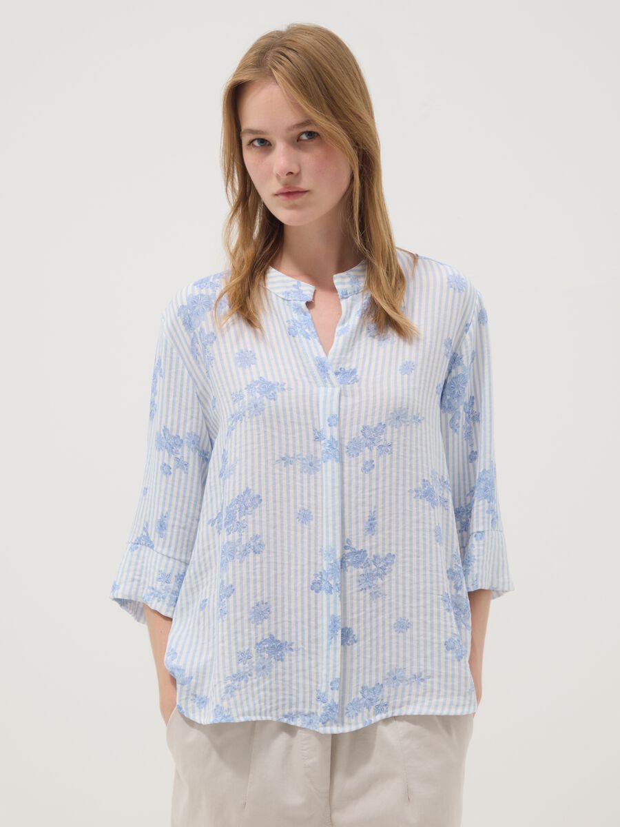 Light Blue Viscose-Blend Blouse with Stripes and Floral Print_1