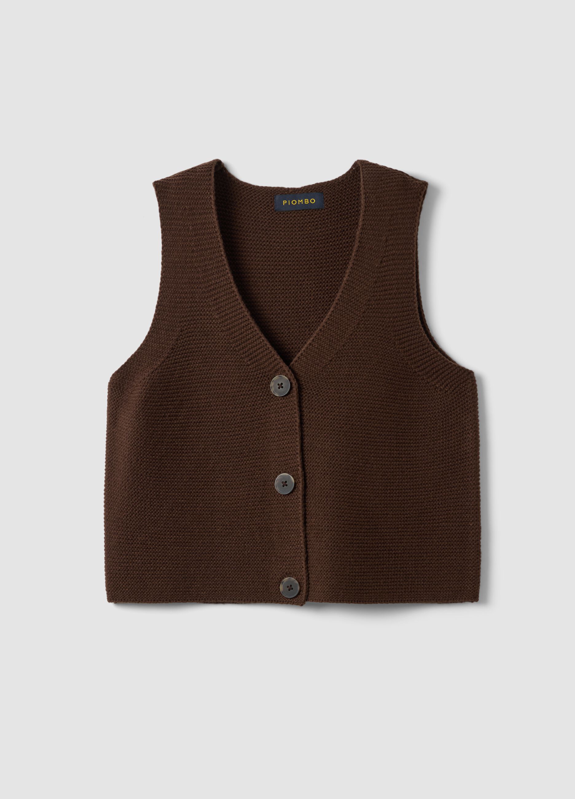 Brown wool-blend gilet with deep V-neck, regular fit