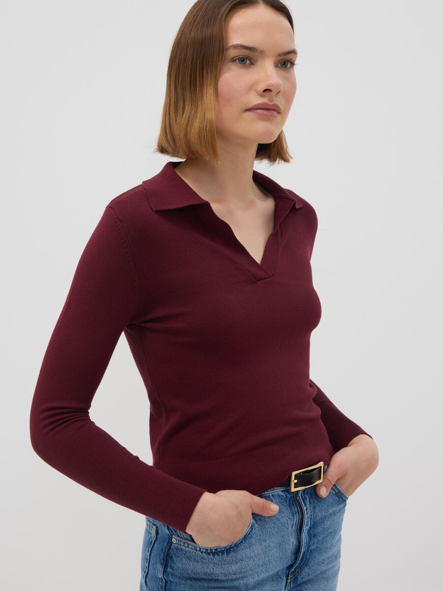 Red viscose-blend polo-collar top, regular fit_0