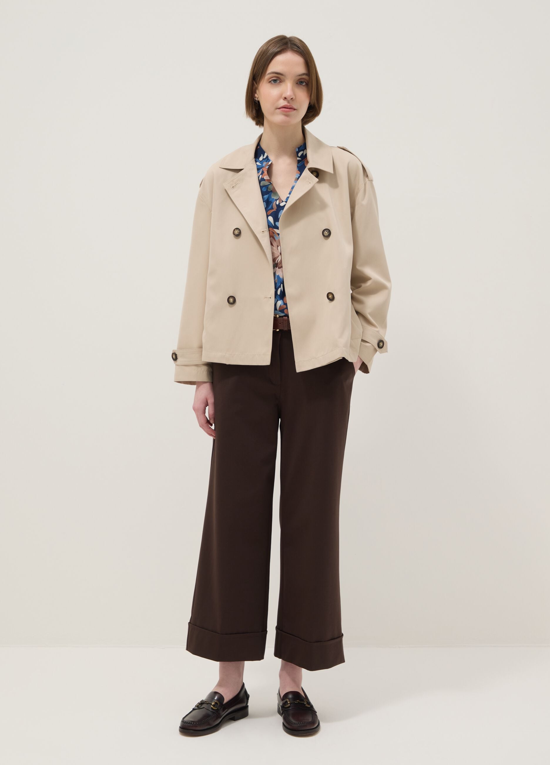 Brown wide leg stretchy cotton blend trousers regular fit