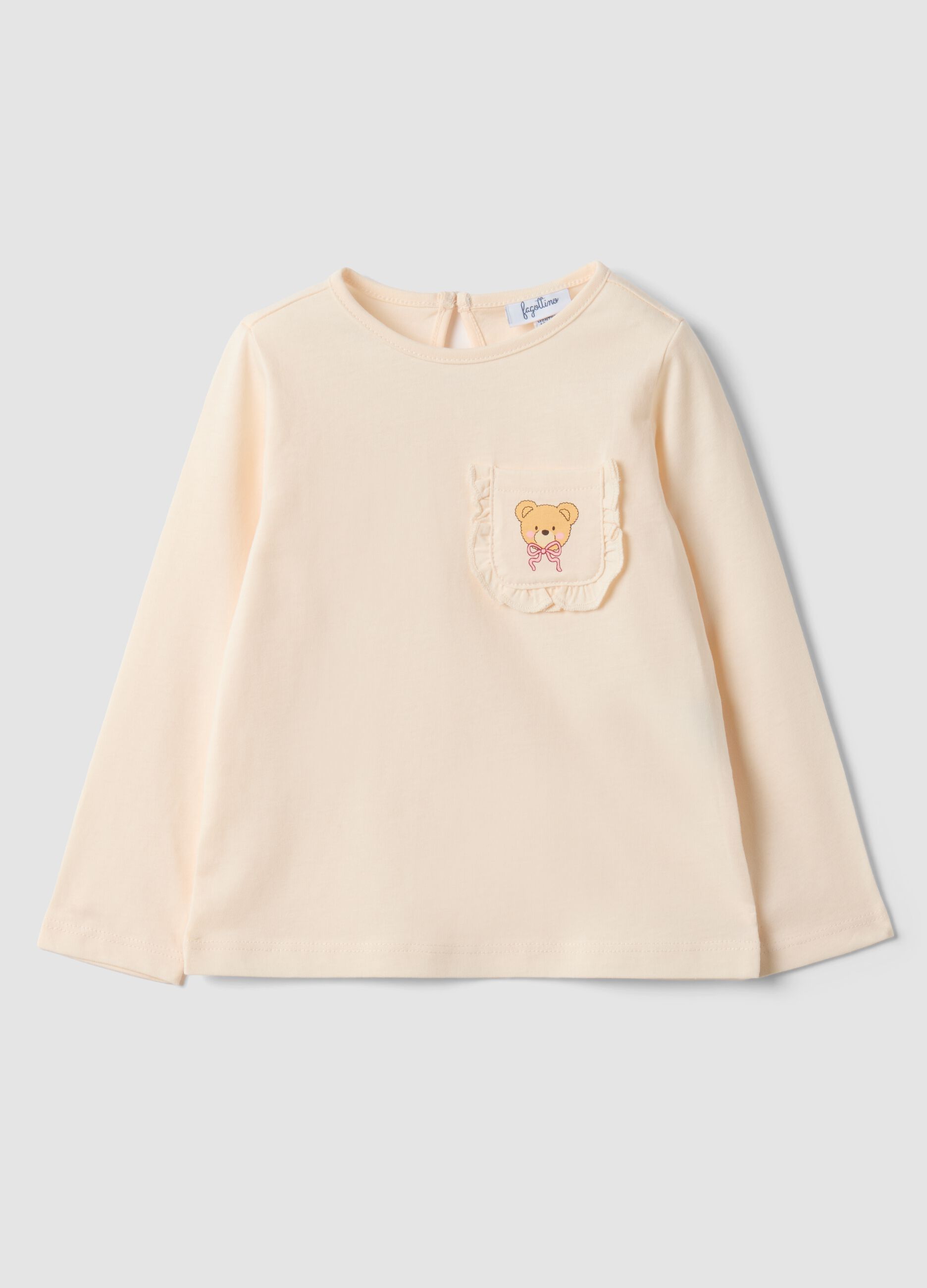 Beige pure organic cotton T-shirt with teddy bear print for baby girl
