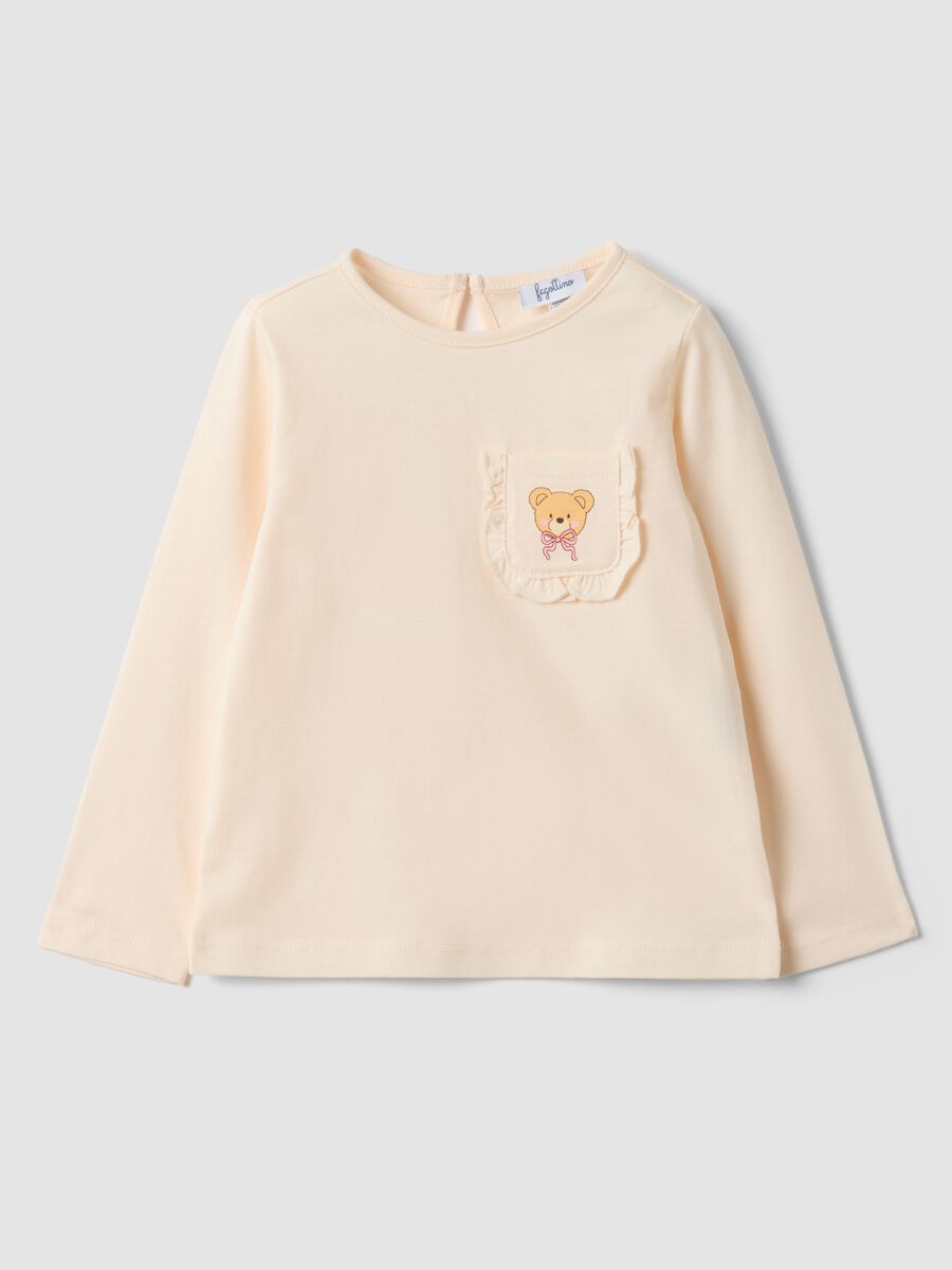 Beige pure organic cotton T-shirt with teddy bear print for baby girl_0