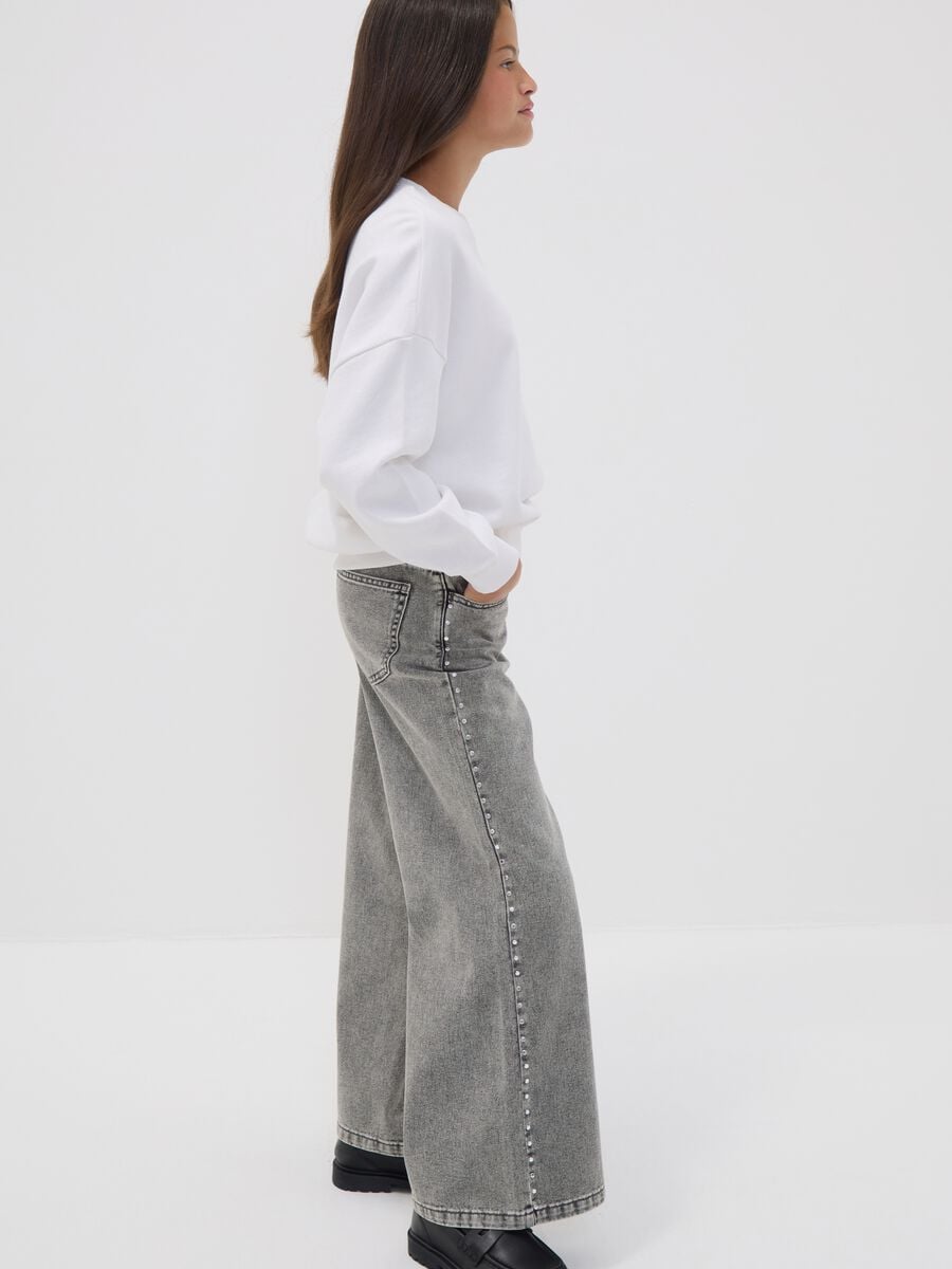 Girls&rsquo; pure cotton wide-leg grey jeans with studs_0