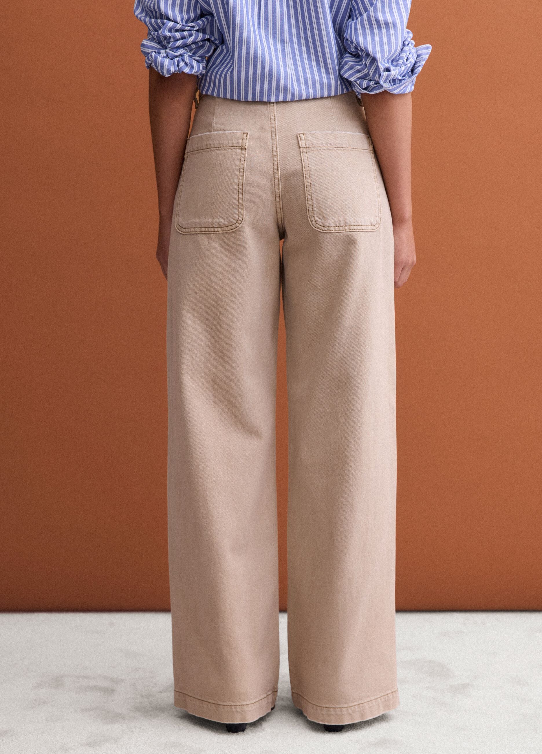 Beige denim wide-leg jeans in pure cotton