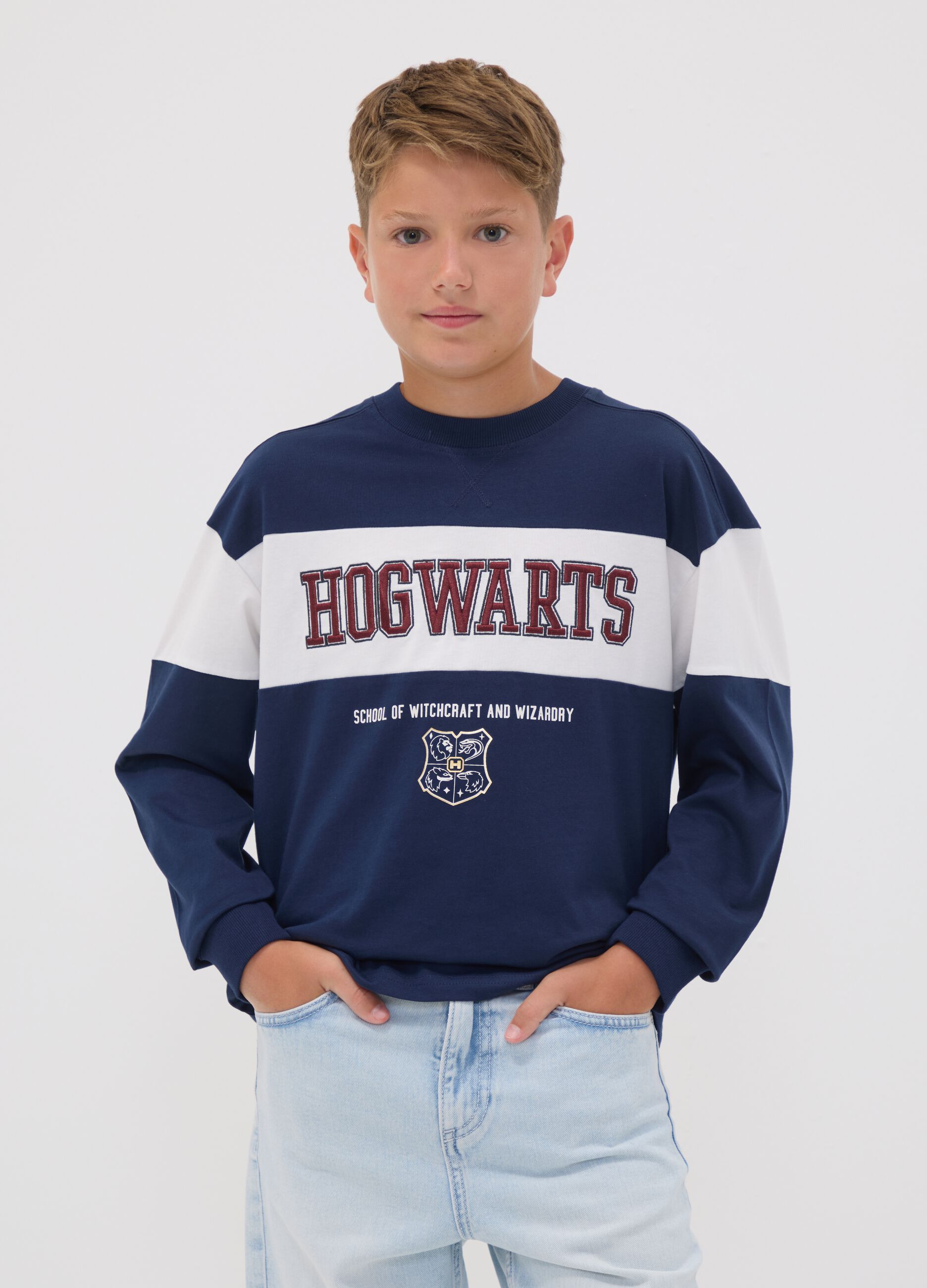 T-shirt blu in puro cotone con girocollo e stampa Harry Potter per ragazzo