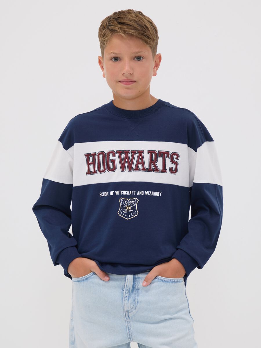 T-shirt blu in puro cotone con girocollo e stampa Harry Potter per ragazzo_1