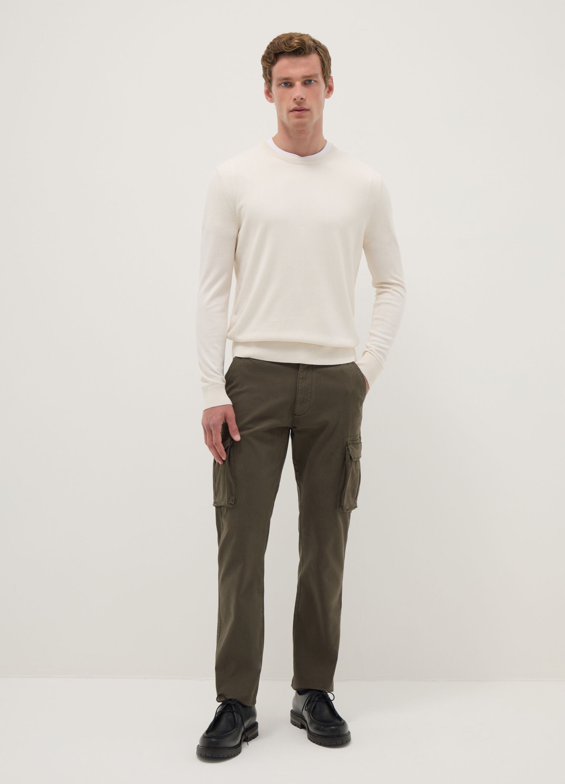 Green slim fit stretch cotton cargo trousers