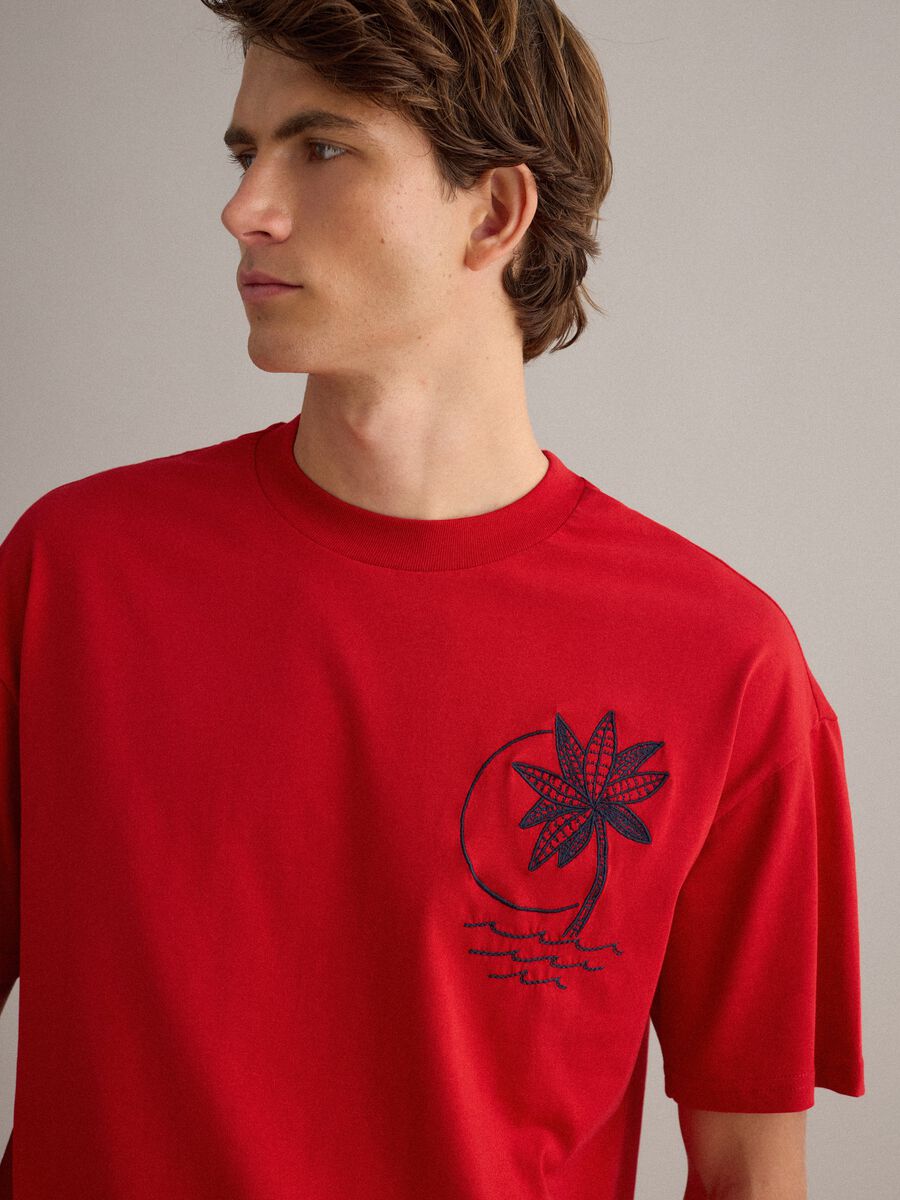 Red pure cotton relaxed-fit T-shirt with embroidery_1