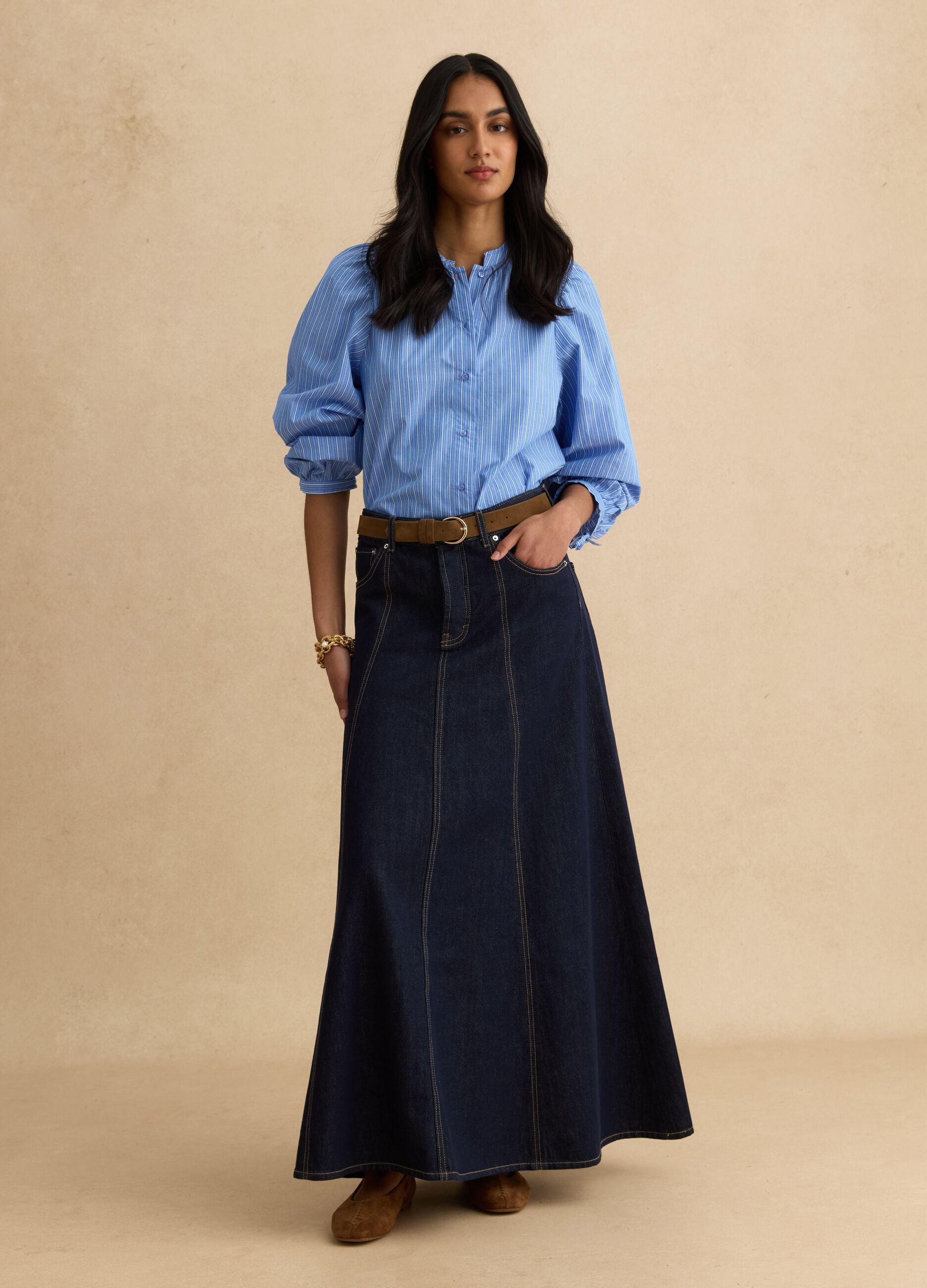 Long skirt in pure blue denim cotton regular fit